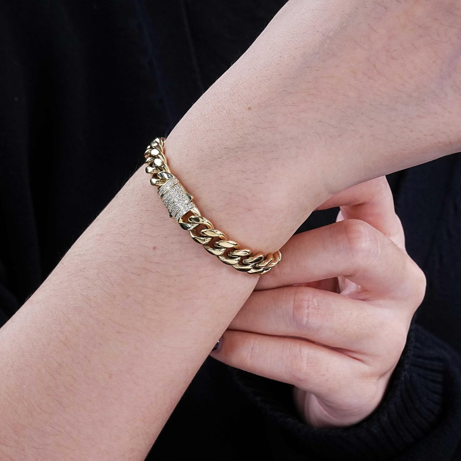 12mm Miami Cuban Link Bracelet 14K REAL Gold Plated Hypoallergenic Premium Stainless Steel Hip Hop Jewelry For Men Women Father Day Birthday Gift (No Color Fade, Double-sided Iced Out Clasp) - Image 2