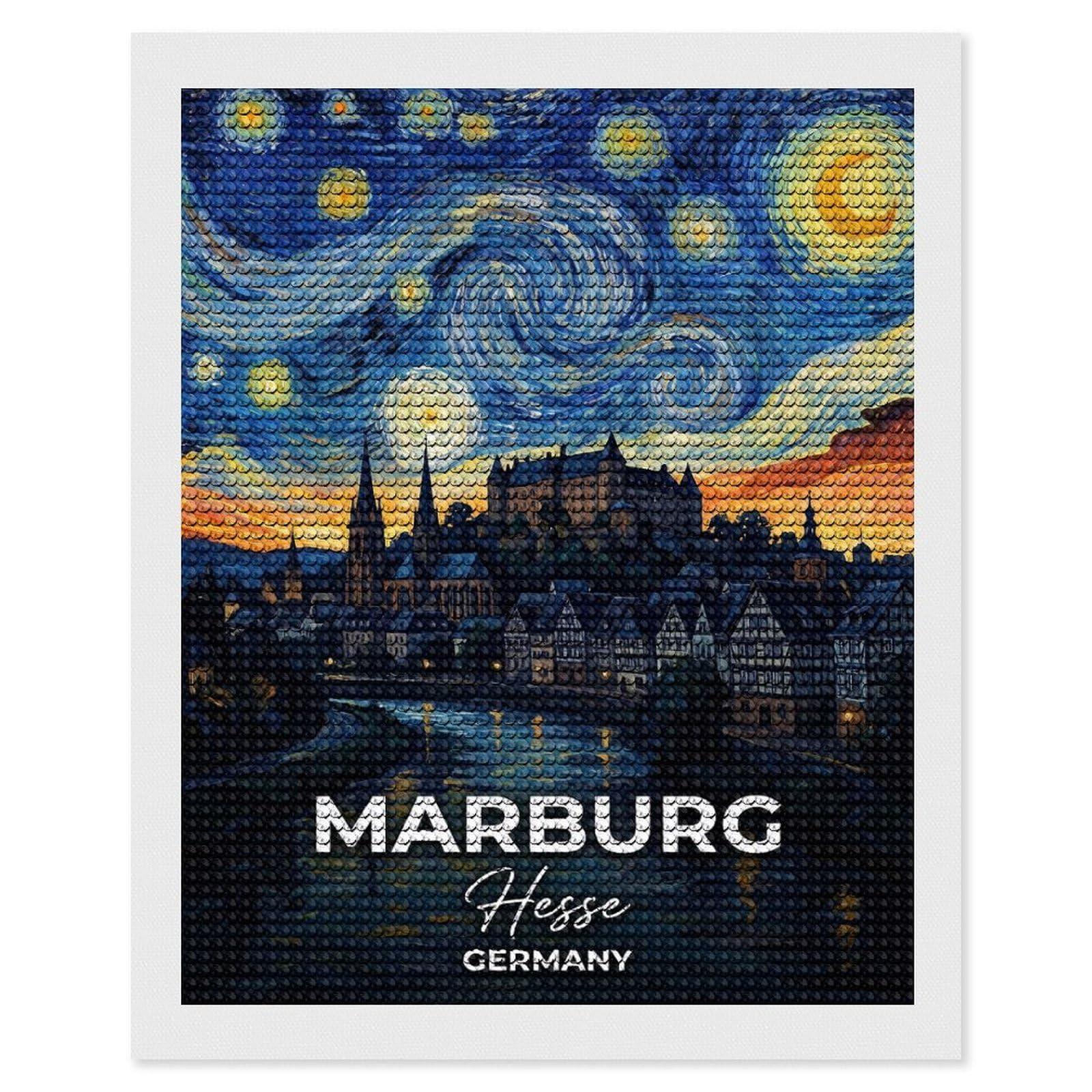 Junmoney Marburg Hesse Germany Starry Night Painting Full Drill Diamond Painting Kit 16"x20", Adhesive Canvas, Aesthetic Room Decor, for Family Craft Time, Birthday Gift