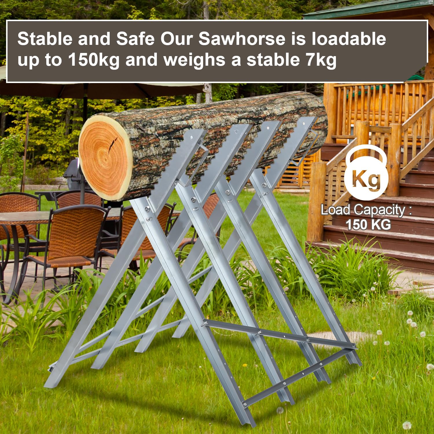 Chevalet de sciage en bois galvanisé - Pliable - Avec support de tronçonneuse - Charge maximale : 150 kg - Convient pour les scieries et ateliers