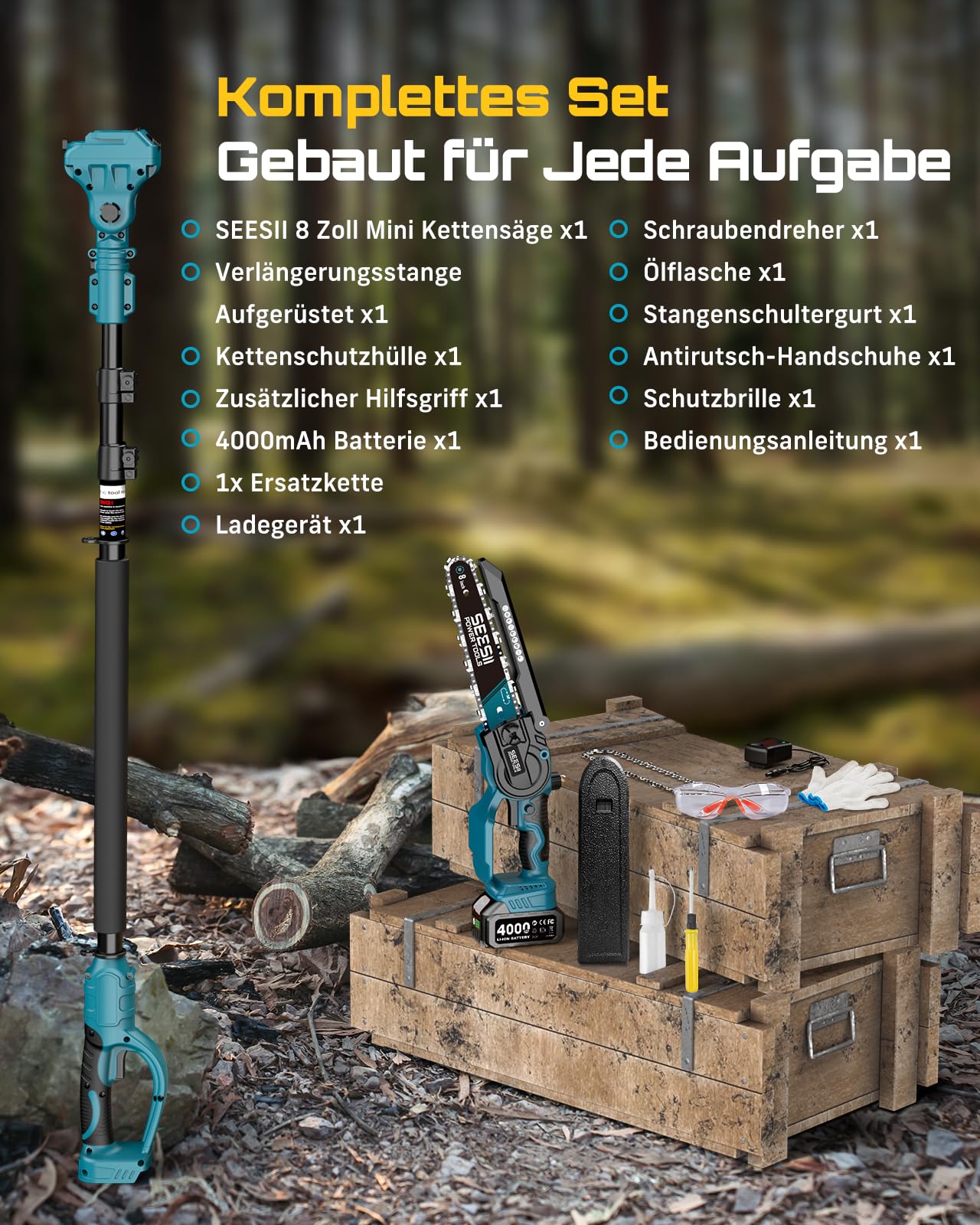 SEESII 2-in-1 8 Zoll Akku Astsäge & Mini Kettensäge mit 2×4000mAh Akkus | Bürstenlose Kettensäge mit Teleskopstange, Ausziehbar bis 4,5m für Baumschnitt, Astschnitt und Gartenpflege