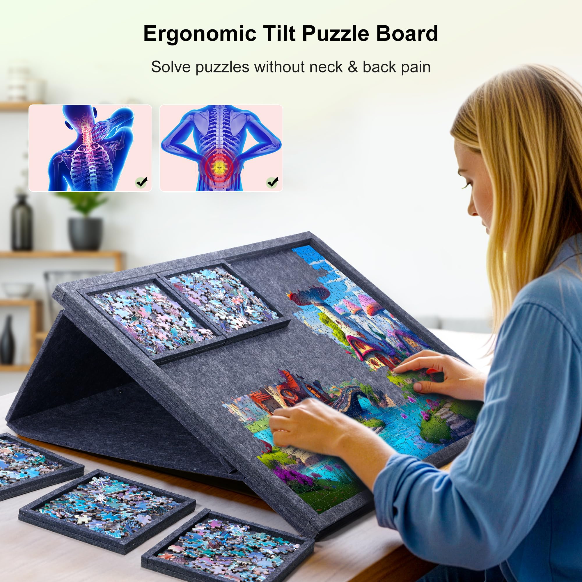PP OPOUNT Filz Puzzlebrett für Puzzle bis 1000, Graues Neigbares Filz Puzzlebrett 2-in-1 Design Ständer und Abdeckung, Tragbares Puzzle Tisch mit 9 Entnahme-Sortierschalen Puzzletisch für Erwachsene