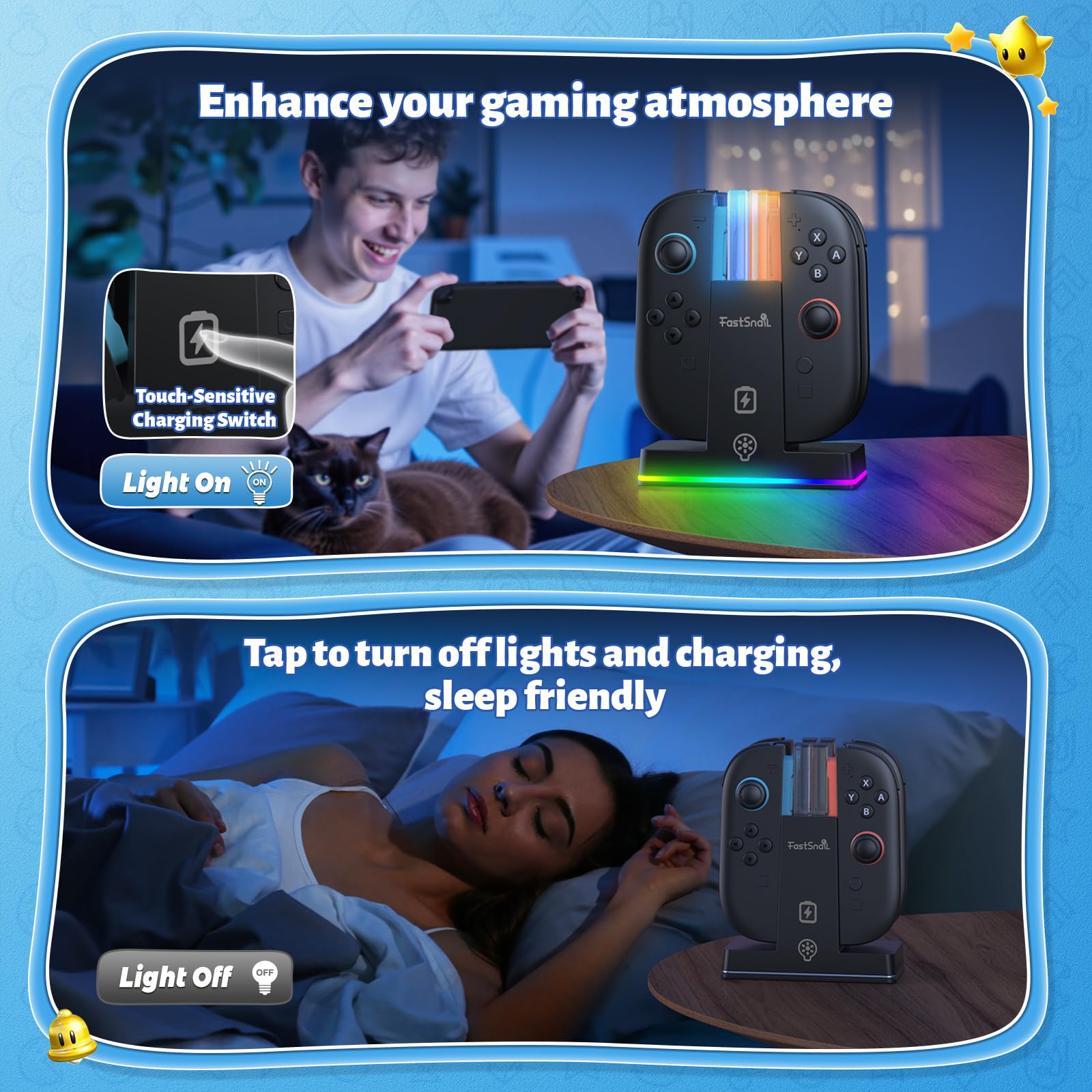 FASTSNAIL RGB Caricatore per Switch 2, Dock di ricarica compatibile con Switch 2 per Joycon 2, Controller accessorio per Switch 2, 9 modalità di luce RGB(NON per Switch 2017/OLED)