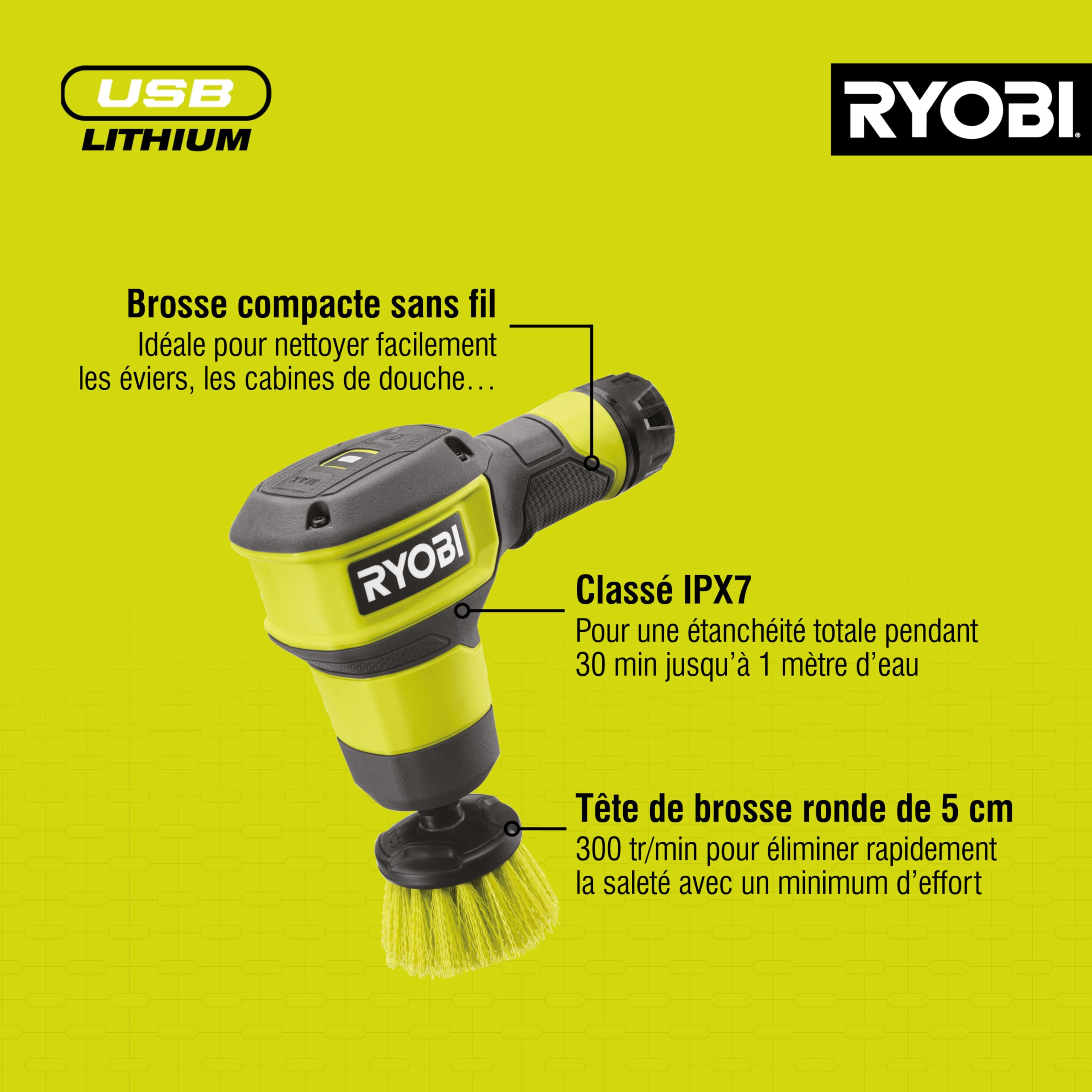 RYOBI 2-biegowa szczotka litowa USB 4V Idealna do łatwego czyszczenia zlewozmywaków, kabin prysznicowych - W zestawie 1 szczotka do wielu powierzchni 50 mm (sprzedawana bez baterii) - RSCR4-0