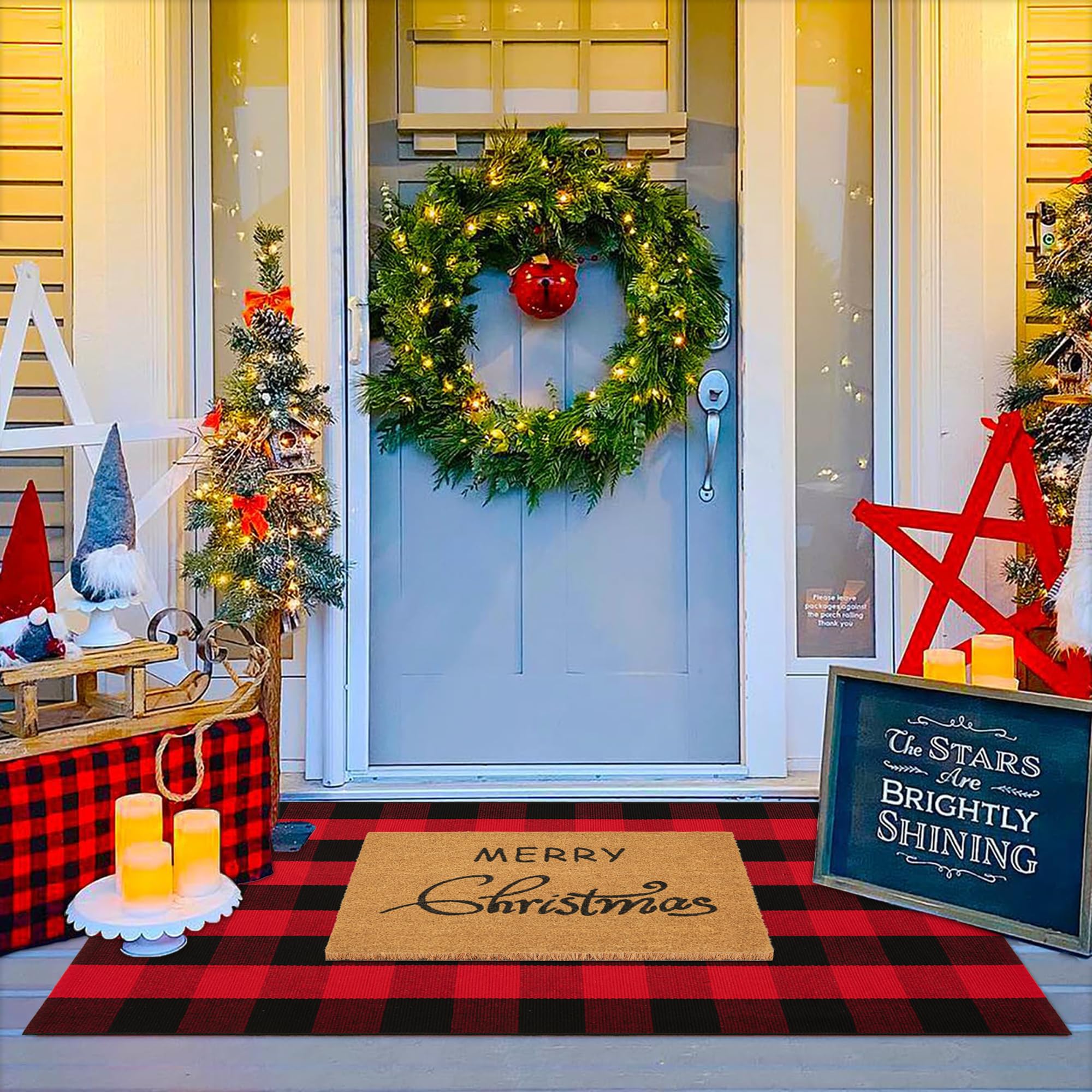 Ensemble de paillassons de Noël – Tapis de bienvenue 100 % fibre de coco + tapis à carreaux rouges et noirs de 0,9 x 1,5 m, collection de vacances de Noël, paillasson pour porche, entrée décoratif