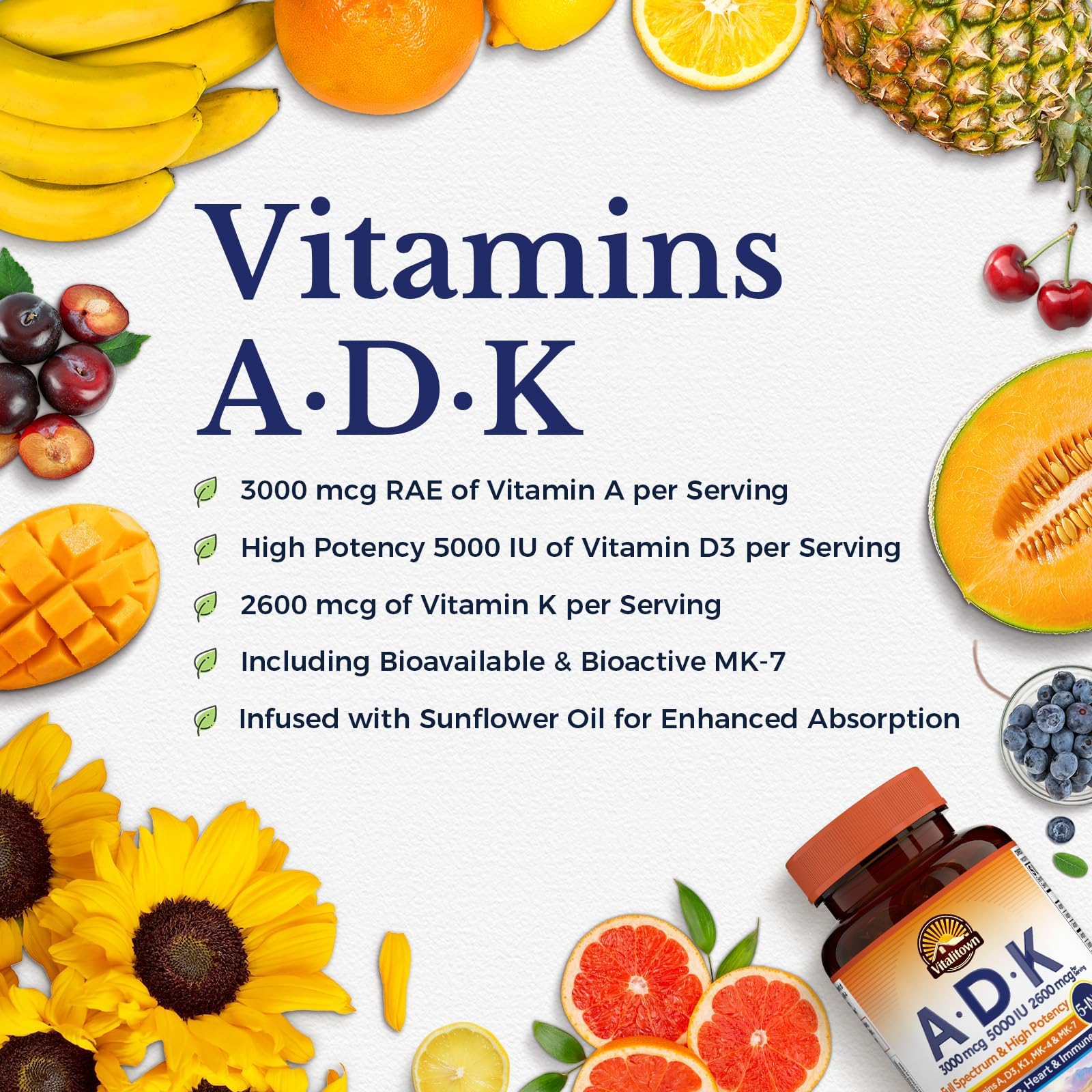 Vitalitown Vitamin ADK, High Potency Essential Vitamins A, D3 5000 IU, K1 & K2 (MK-4 & MK-7), Bone, Heart & Immune Health, Non-GMO, Max Absorption, 120 Softgels — Amazon image 3