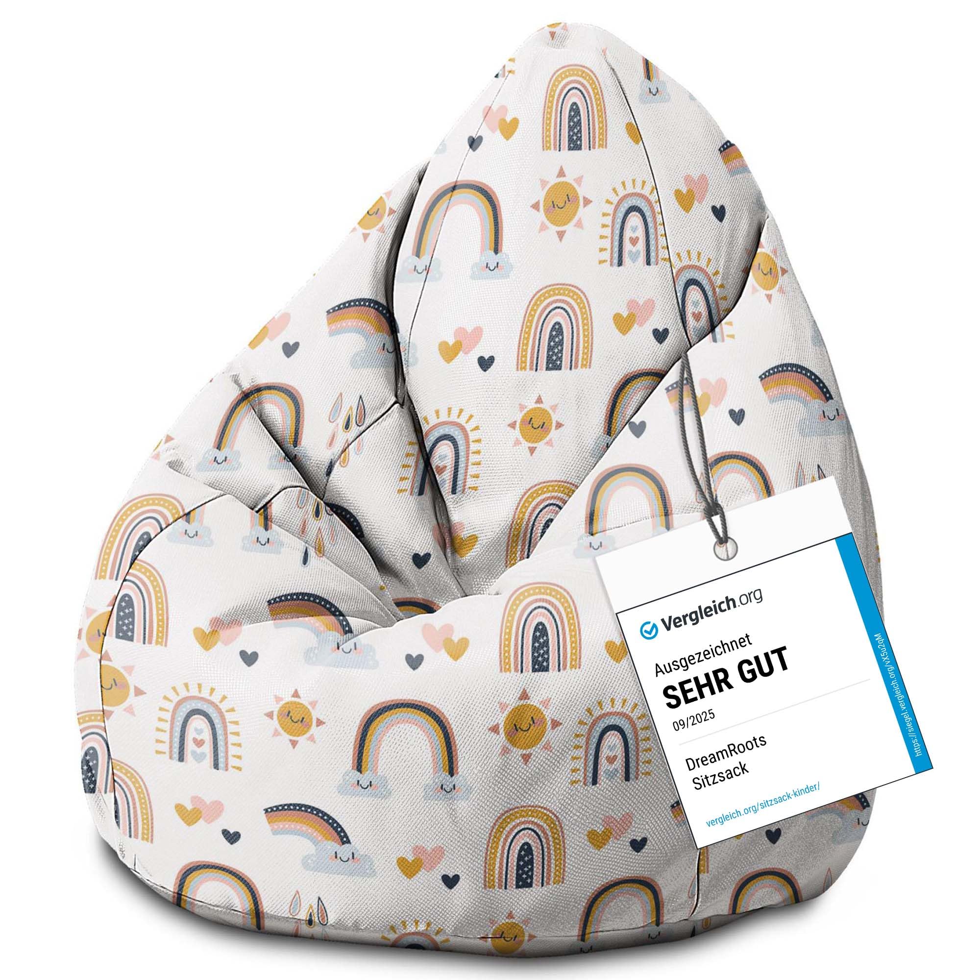 DreamRoots Sitzsack Kinder mit füllung - Bodenkissen Kinderzimmer 70 x 70 x 105 cm - Bean Bag - Bubibag - Kindersitzsack - Sitzkissen Boden