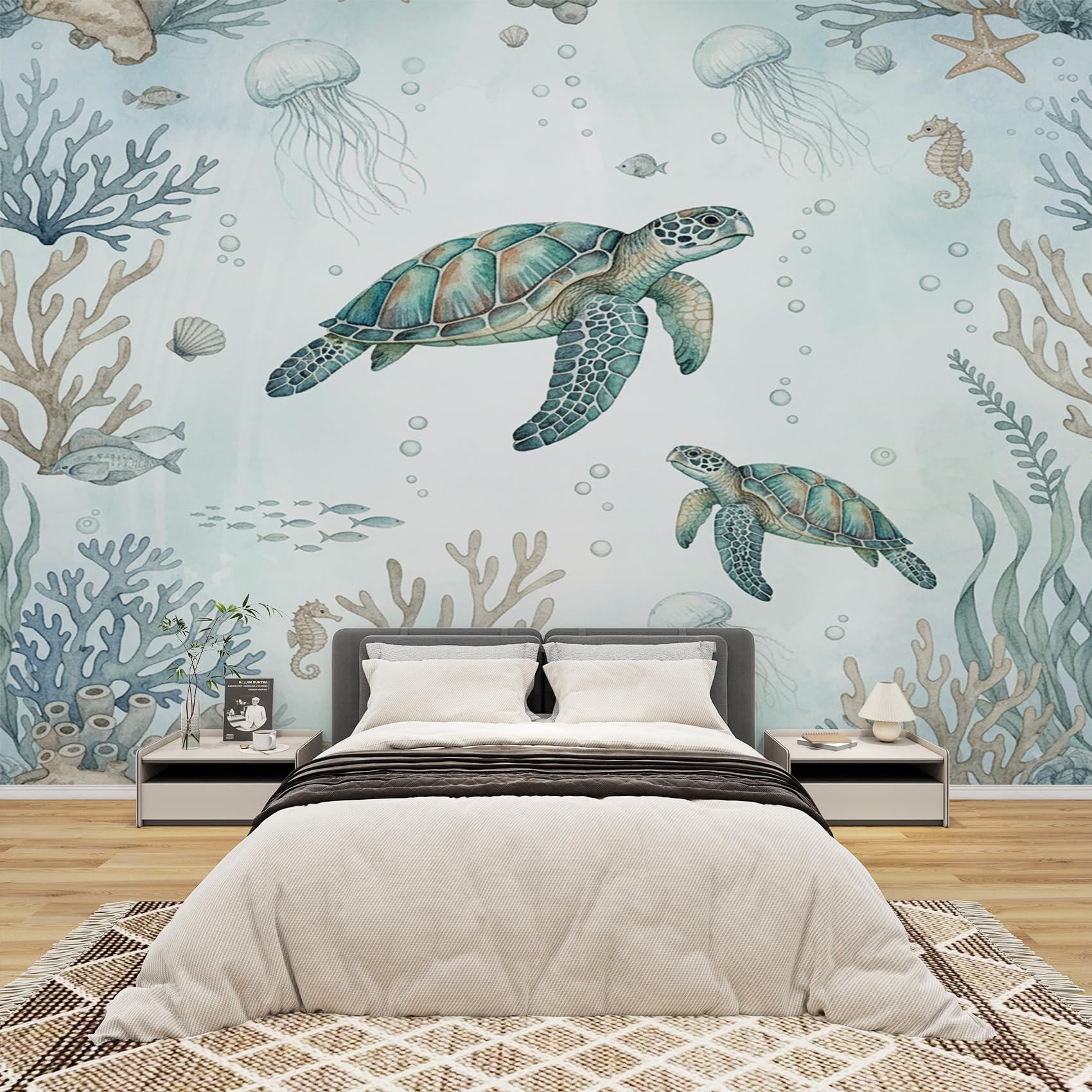 Tapete Schildkröte, Fototapete Meerestiere Schlafzimmer, Tapeten Vliestapete Ozean Kinder Wohnzimmer, Wandtapete Kinderzimmer Schildkröte Wanddeko, Mustertapete Vlies 416 x 254 cm (B x H)