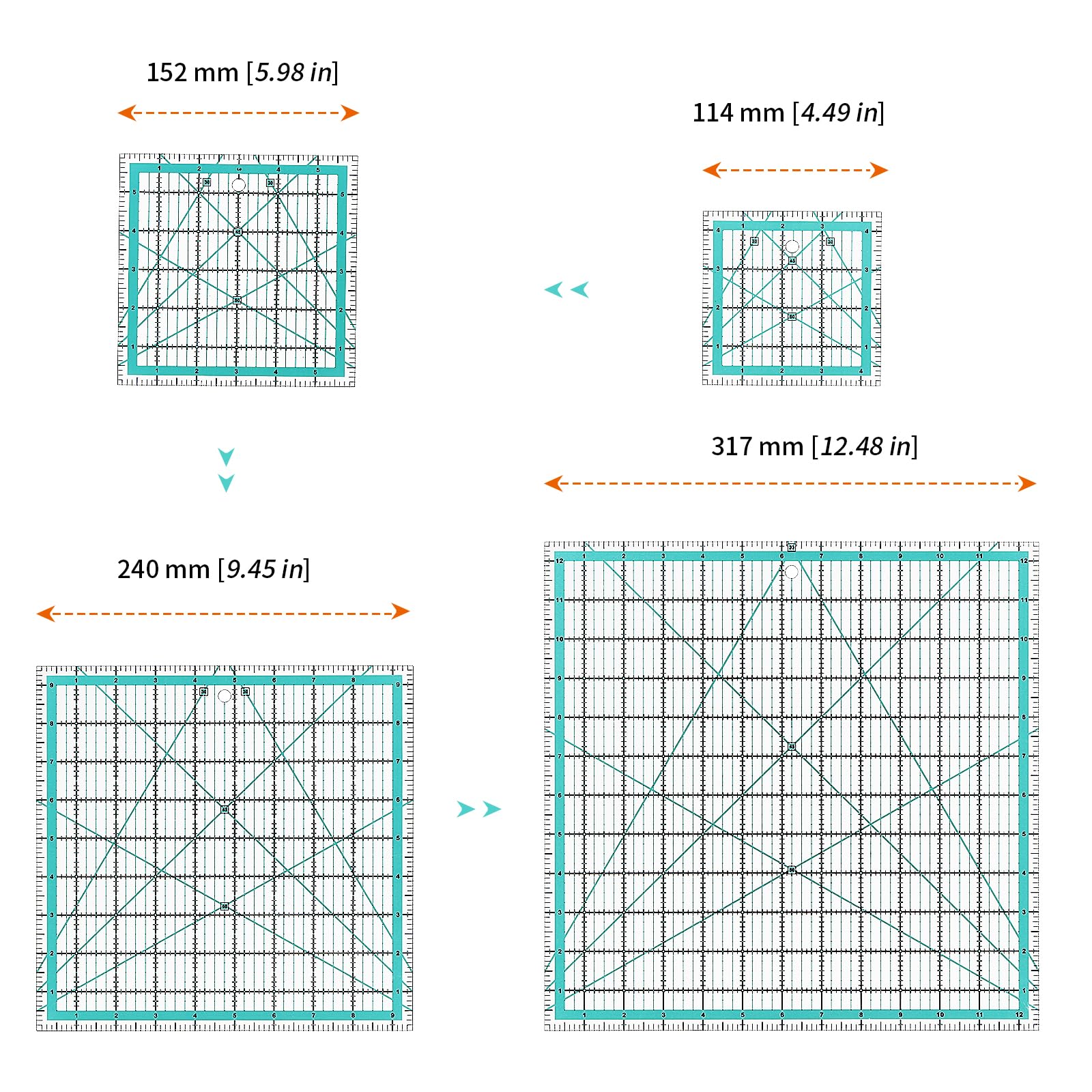 UNGFEI 4 PCS 4 Sizes Blue Square Quilting Rulers, Acrylic Sewing Ruler Square, Patchwork Ruler for DIY Crafts ?(4.5", 6", 9.5", 12.5") - Image 2
