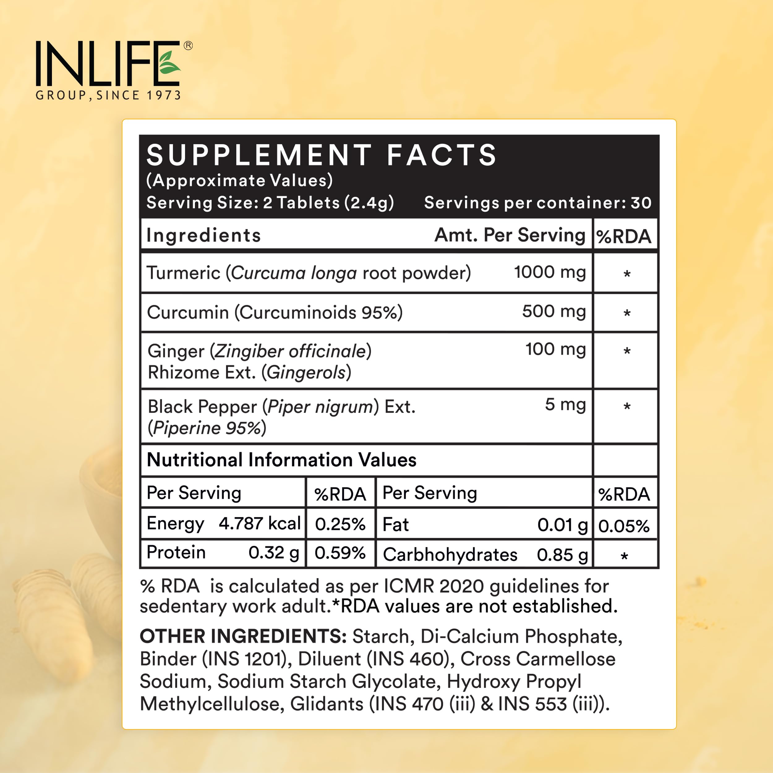 INLIFE Turmeric Curcumin Tablets with Piperine, 95% Curcuminoids, 60 Count — Amazon image 2