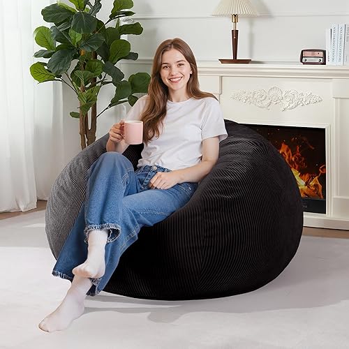 Homguava Puf de 3 pies puf de lágrima con relleno de espuma viscoelástica, sillas compactas de puf, sofá suave con funda de pana (negro)