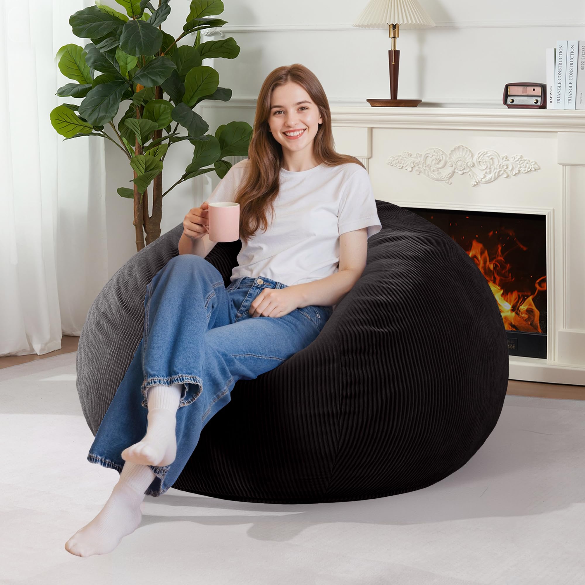 3FT Bean Bag Chair: Teardrop Bean Bags with Memory Foam Filled, Compact Beanbag Chairs Soft Sofa with Corduroy Cover (Black)