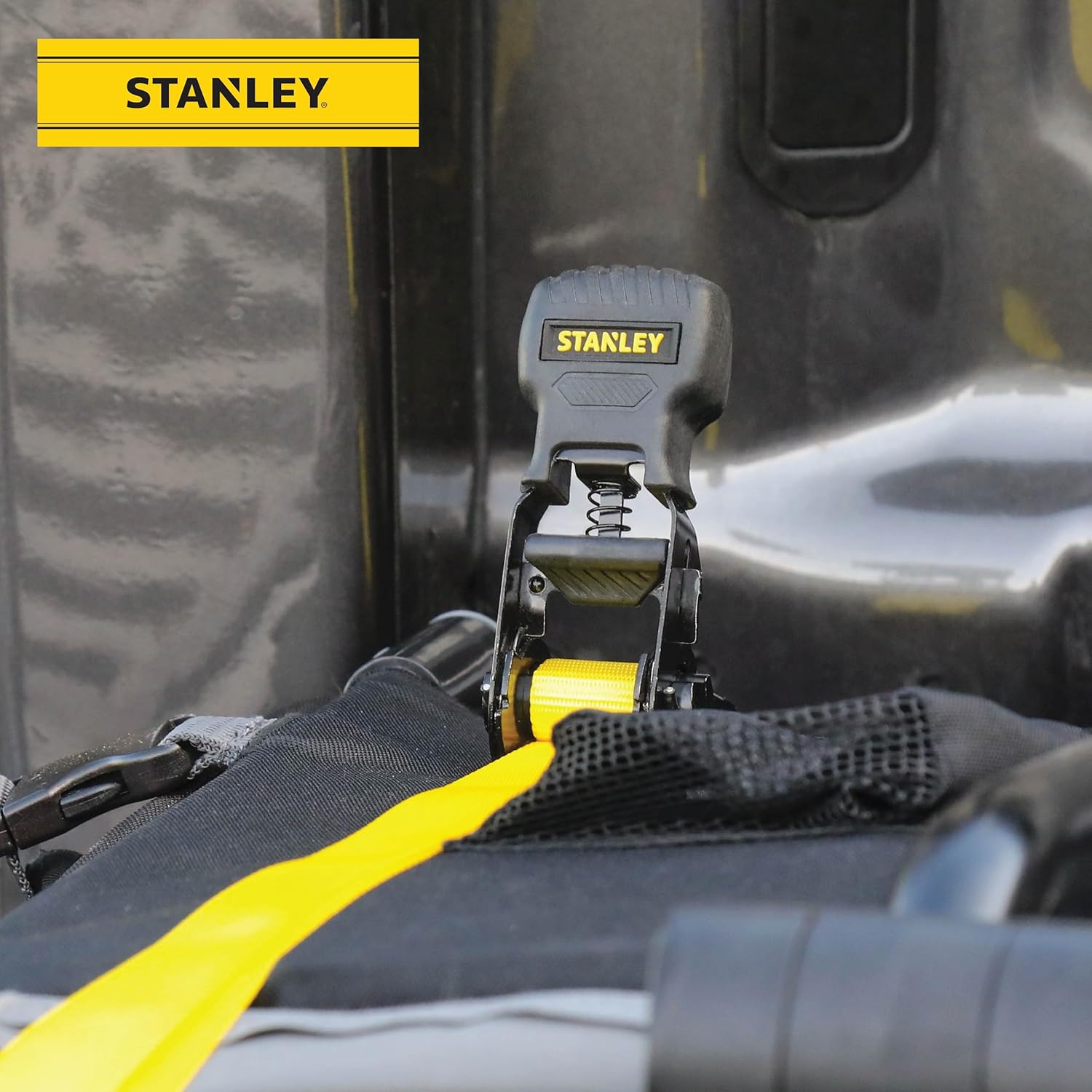 STANLEY S10002 Black/Yellow 1" x 10' Ratchet Tie Down Straps - 500 lb Safe Working Load / 1,500 lbs Break Strength, 2 Pack - Image 6