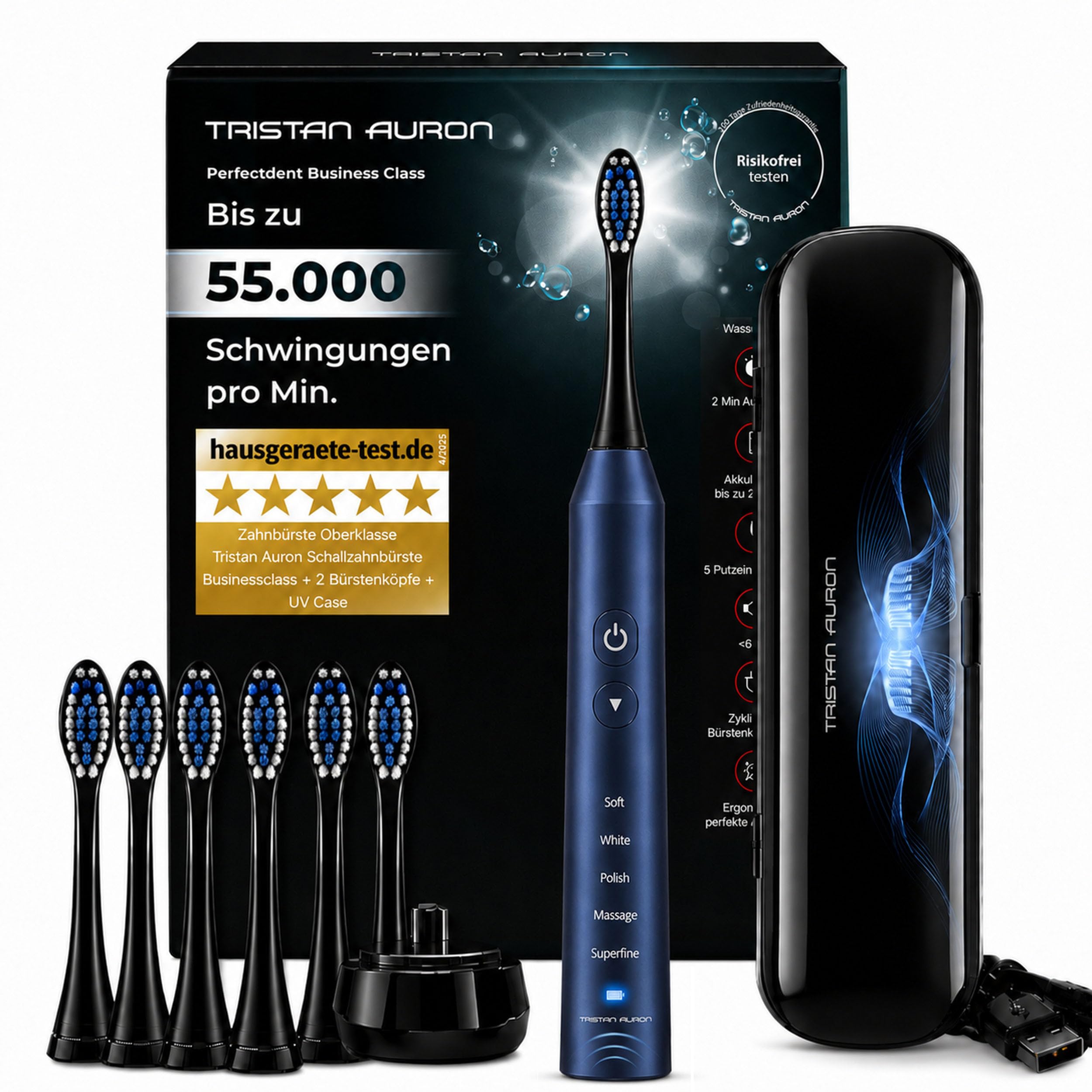 Tristan Auron Schallzahnbürste - Beste Reisezahnbürste 2025-100 Tage risikofrei testen - 55000 Elektrische Schwingungen 5 Programme 60 Tage Batterie mit UV Reiseetui 6 Aufsätze Business Class Blau