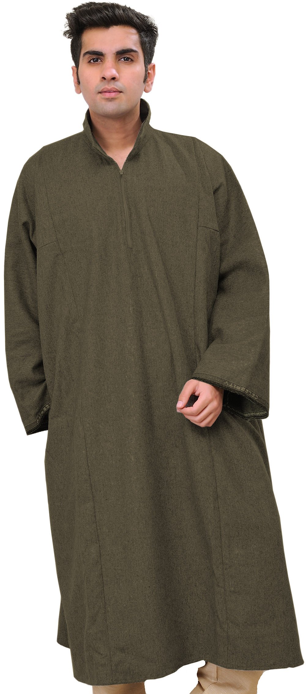 exotic india Pure Wool Men's Phiran from Kashmir with Front Zipper - Pure Wool-picture-14
