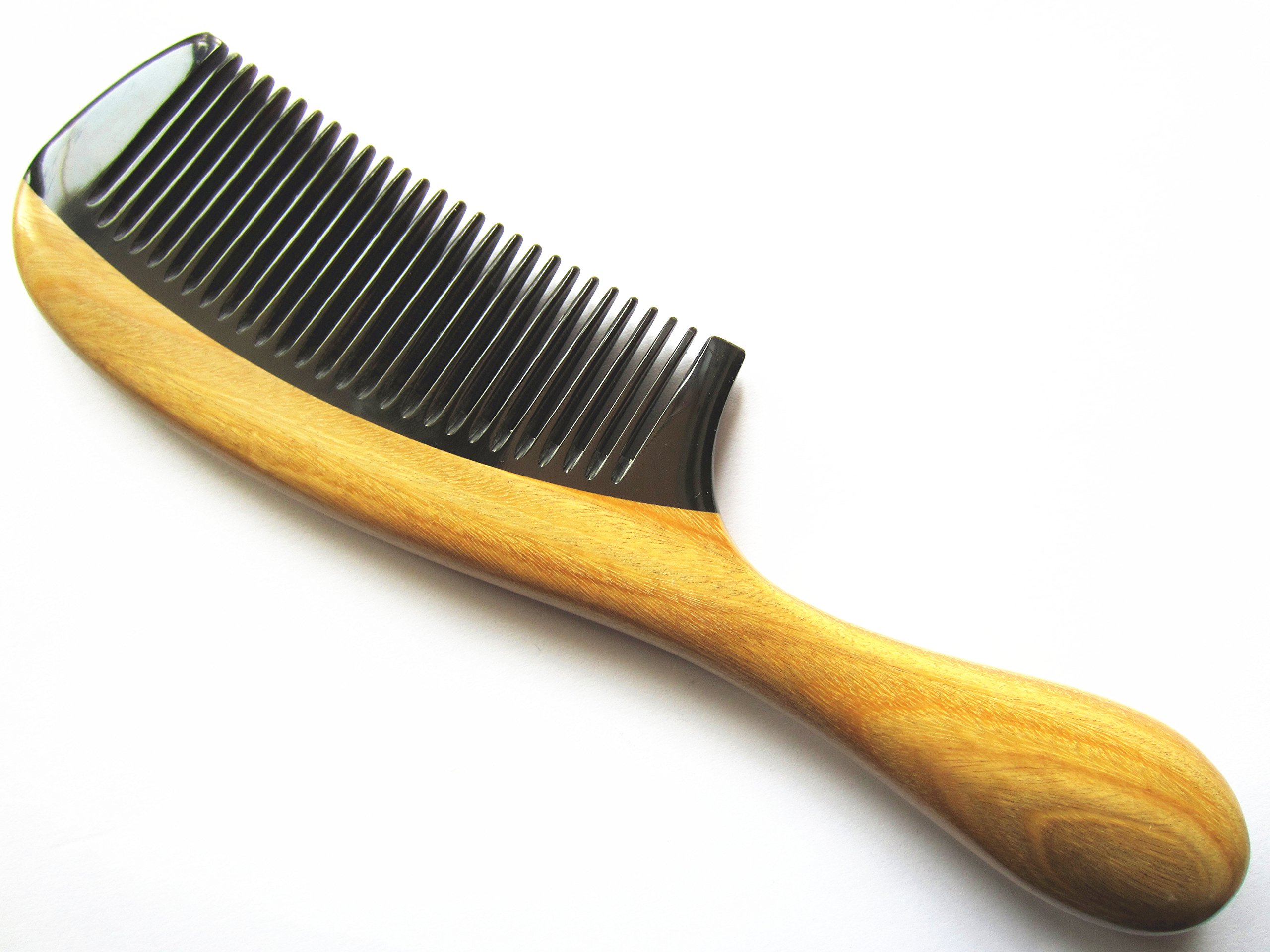 MyhsmoothGb-yb-nt Handmade No Static Black Buffalo Horn Comb with Green Sandalwood Handle (Rounded)