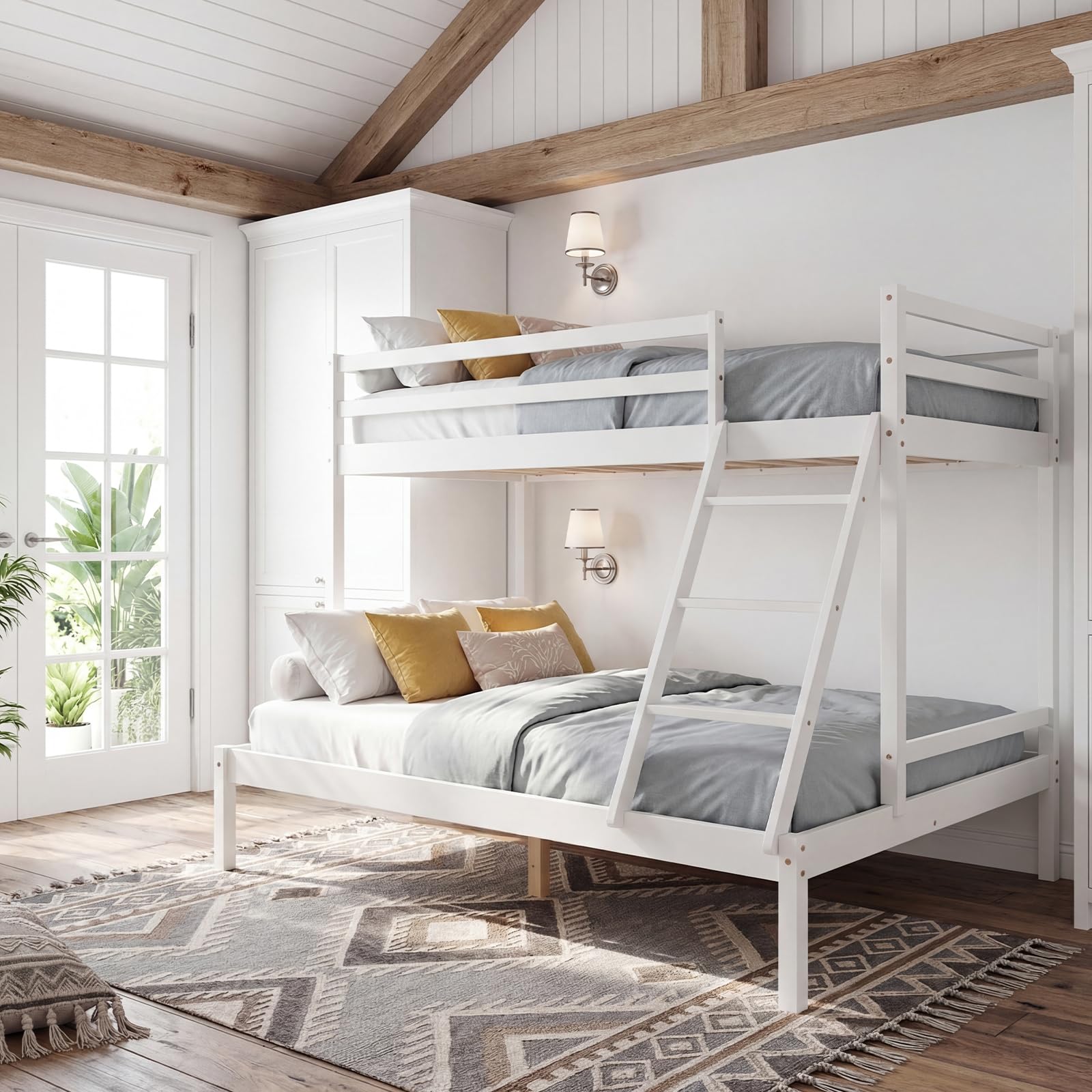 Panana Wooden Triple Bunk Bed Children Bedroom Furniture Frame 3FT Single 4FT6 Double 3 Sleeper for Mother&Children (White)