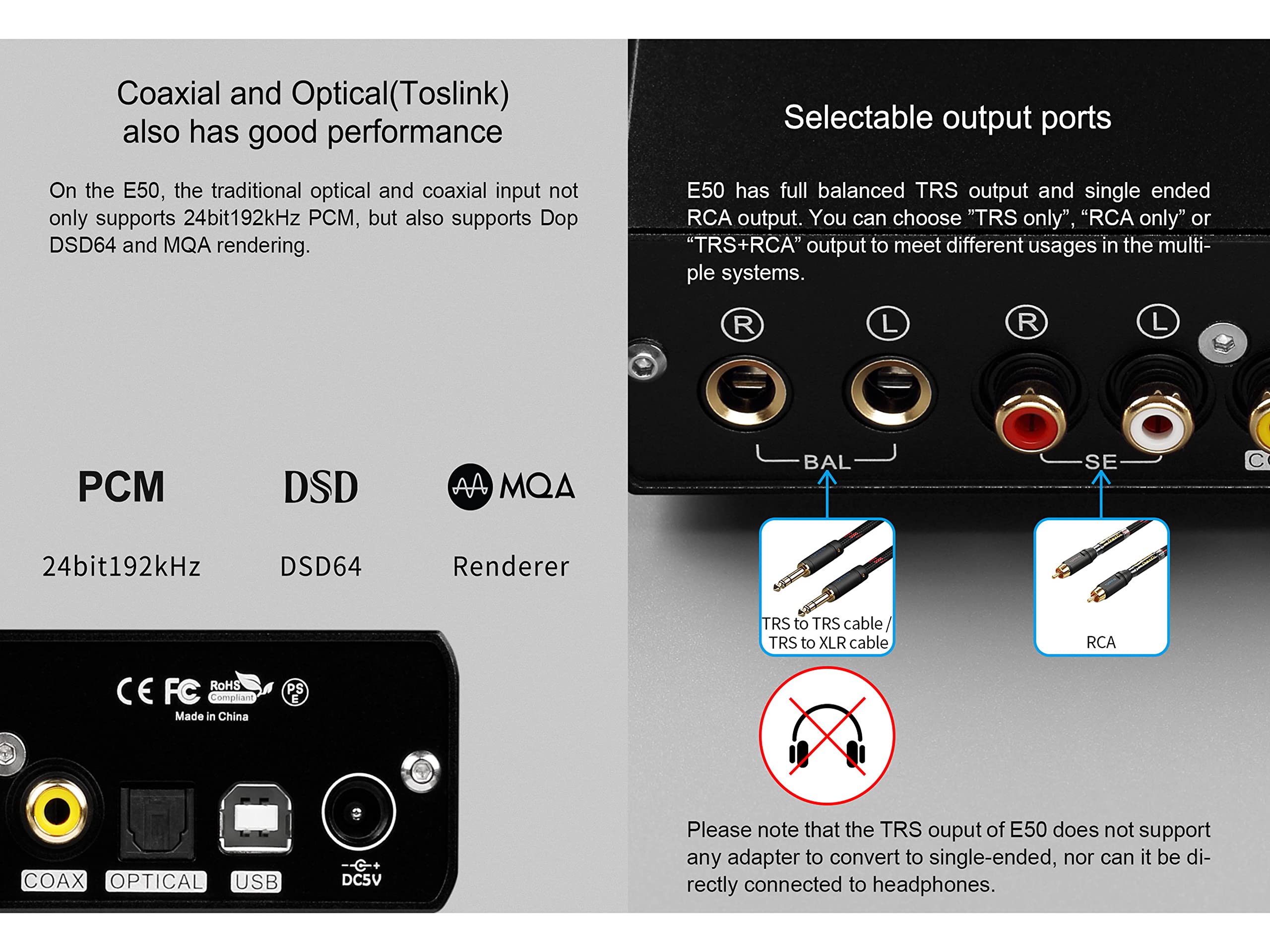 Topping E50 Mini HiFi DAC ES9068AS DSD512 PCM768kHz USB DAC USB/Koax/Opt Eingänge RCA/TRS Ausgänge Decoder für Heimkino Spielmusik Silber