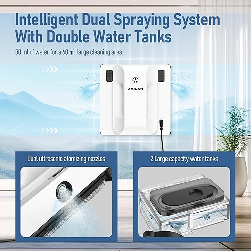 Miniatura 5 de AlfaBot Robot de limpieza de ventanas, boquillas dobles con aerosol ultrasónico, robot limpiador de ventanas de 5000 Pa con detección de bordes, 3