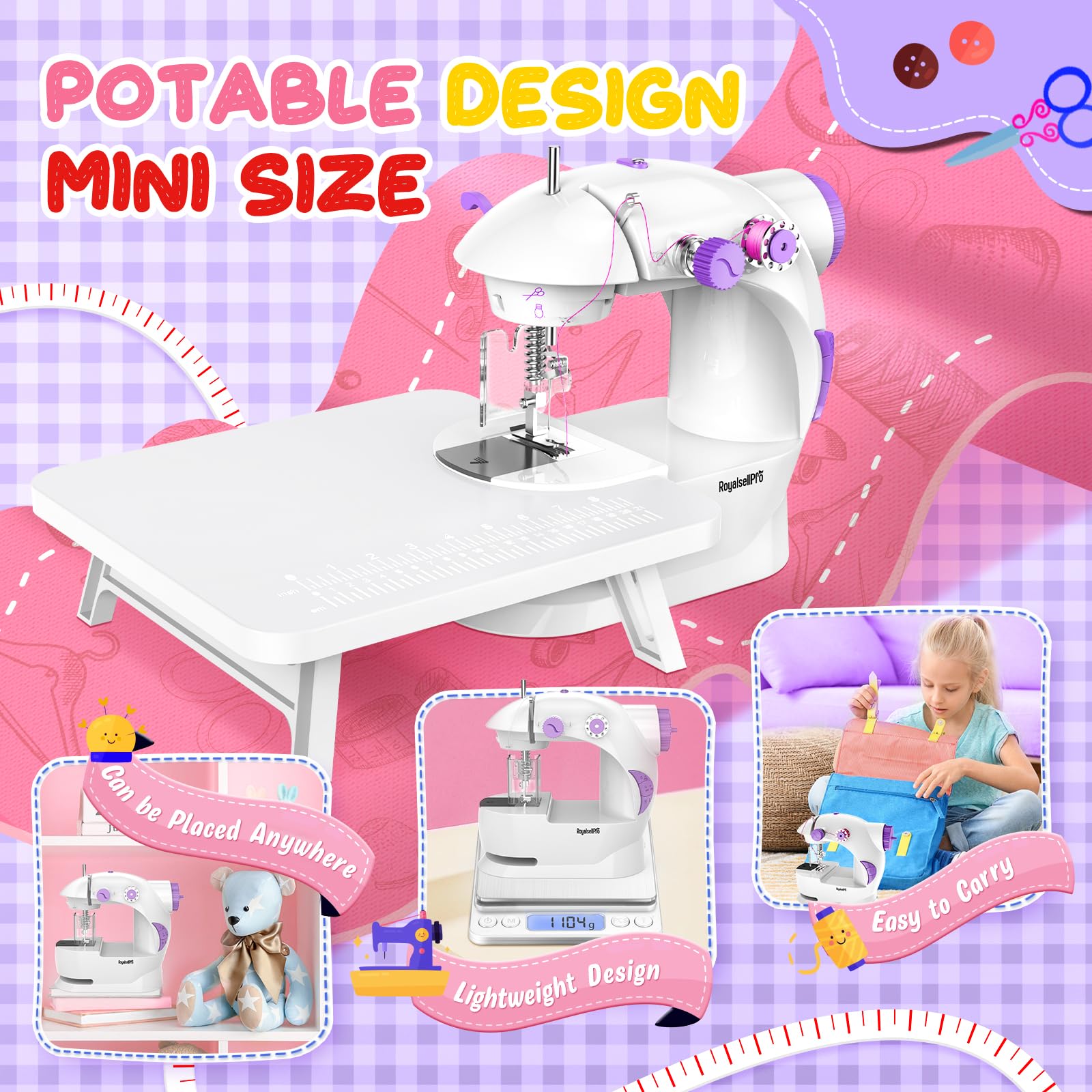Mini máquina de coser con kit de costura de 118 piezas para principiantes, máquina de coser portátil de doble velocidad con luz y protector de dedos (morado)