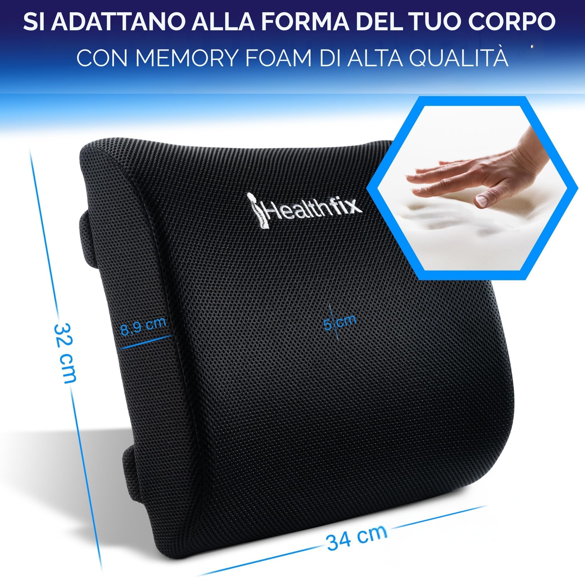 Healthfix Cuscino lombare per auto – Supporto ergonomico per lordosi con memory foam per una postura sana in auto | Cuscino per la schiena per il comfort durante i lunghi viaggi (medio (70-90 kg))