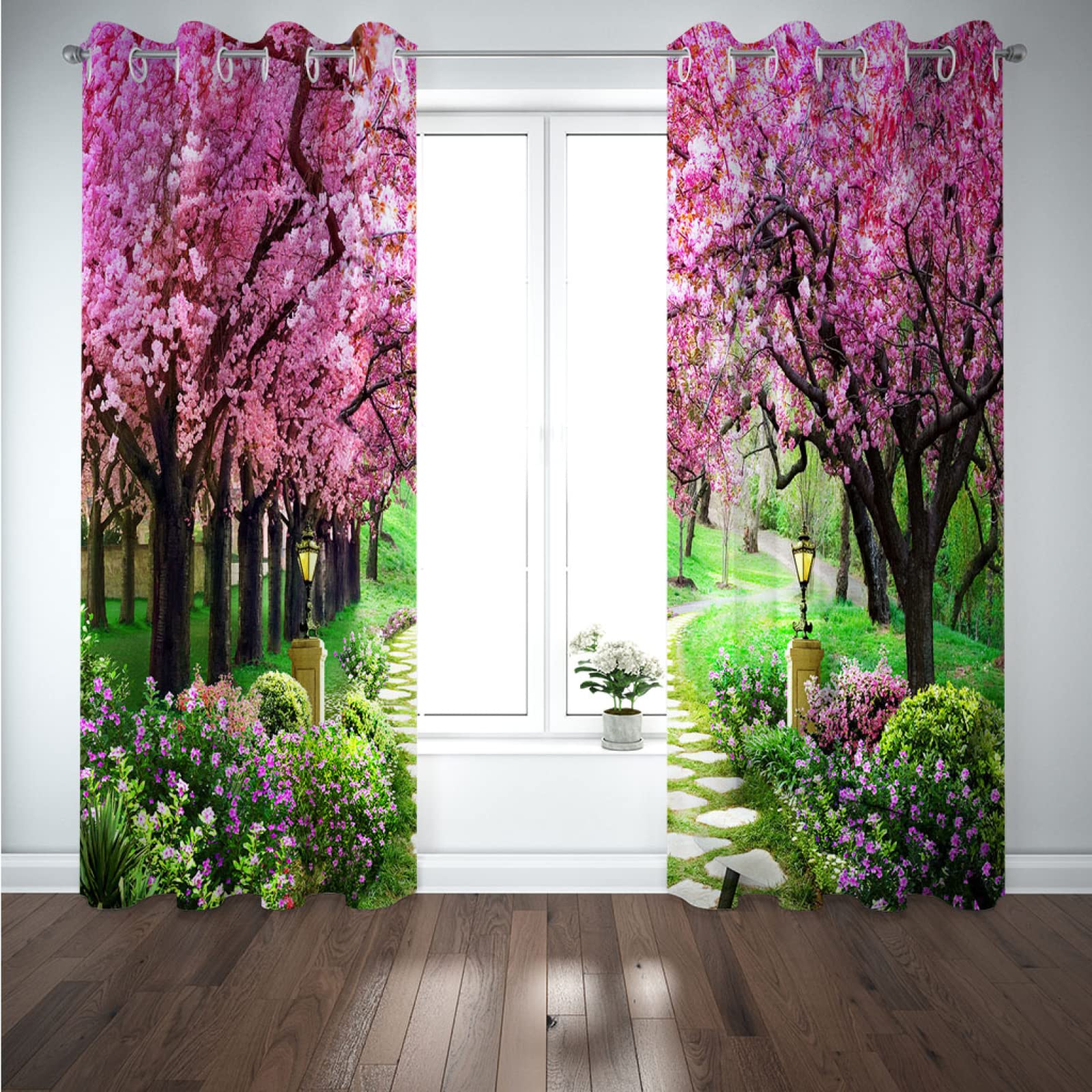 Lot De 2 Rideau Chambre Enfant Garcon Fille 3D Impression Paysage D'Arbres Roses Motif Rideaux Occultants Thermiques Isolants À Oeillets Décoration De Fenêtre pour Salon 264X240Cm（L X H）