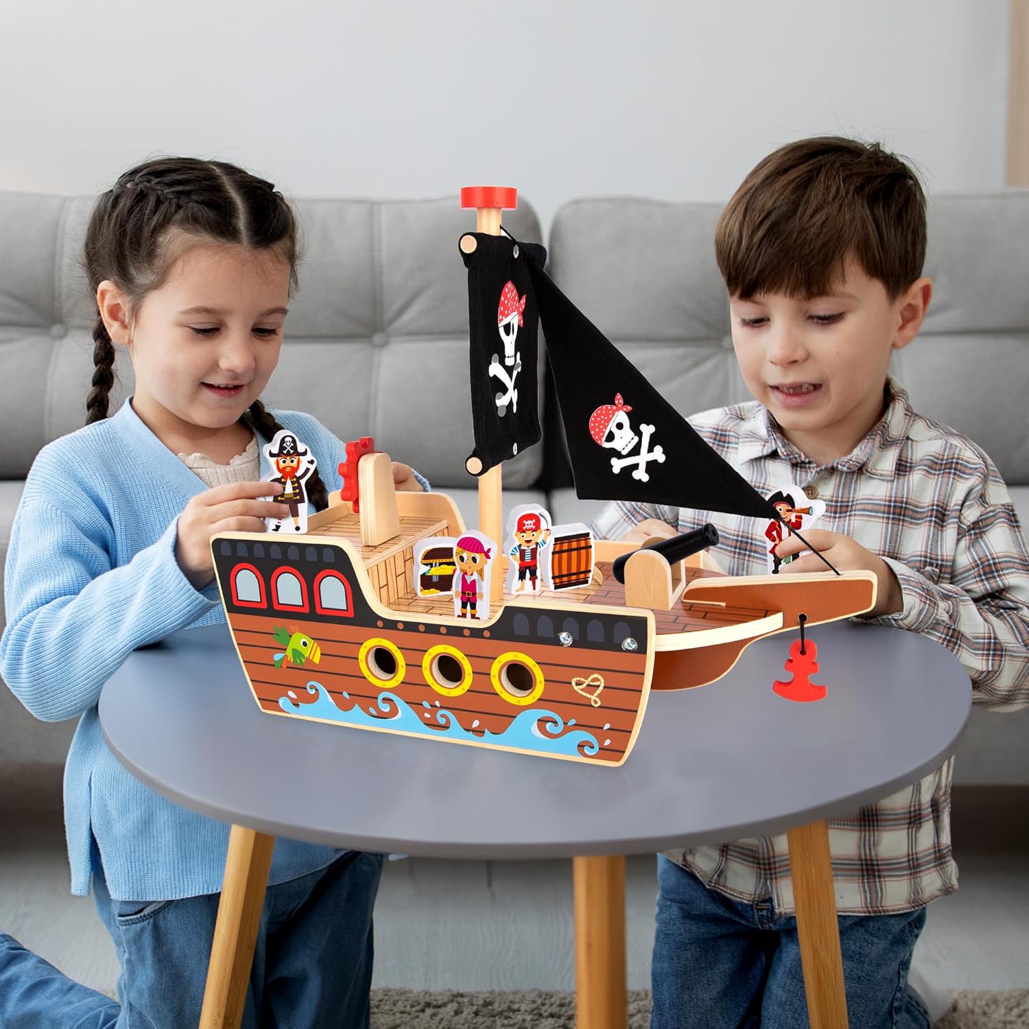 ArtCreativity Wooden Pirate Ship Toy Set for Kids - Pirate Play Set with Wood Ship, Cannon, Barrel, Treasure Chest, Bench, 4 Pirates - Toy Ship for Boys 3-5 - Pirate Gifts for Christmas