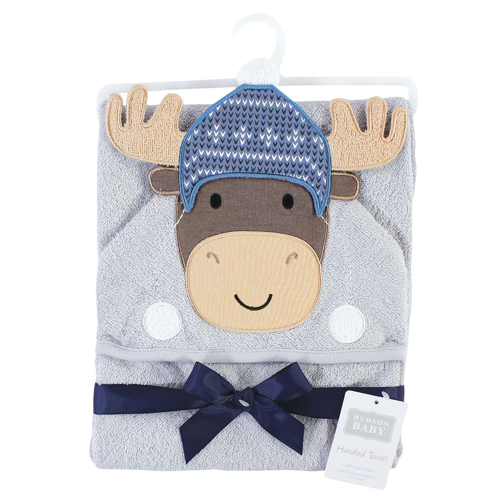 Hudson Baby Unisex Baby Cotton Animal Face Hooded Towel, Winter Moose, One Size