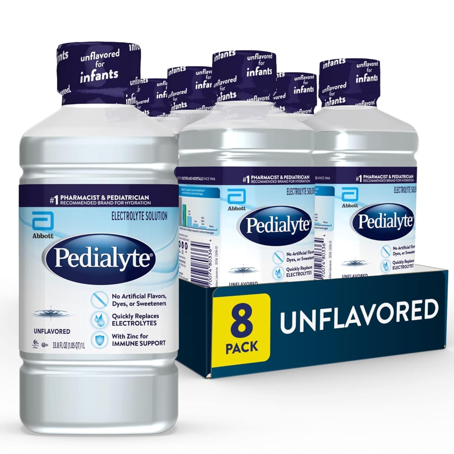 *use before Aug 1 2027* Pedialyte Electrolyte Solution, Unflavored, Hydration Drink, 8 bottles, 1 liter each