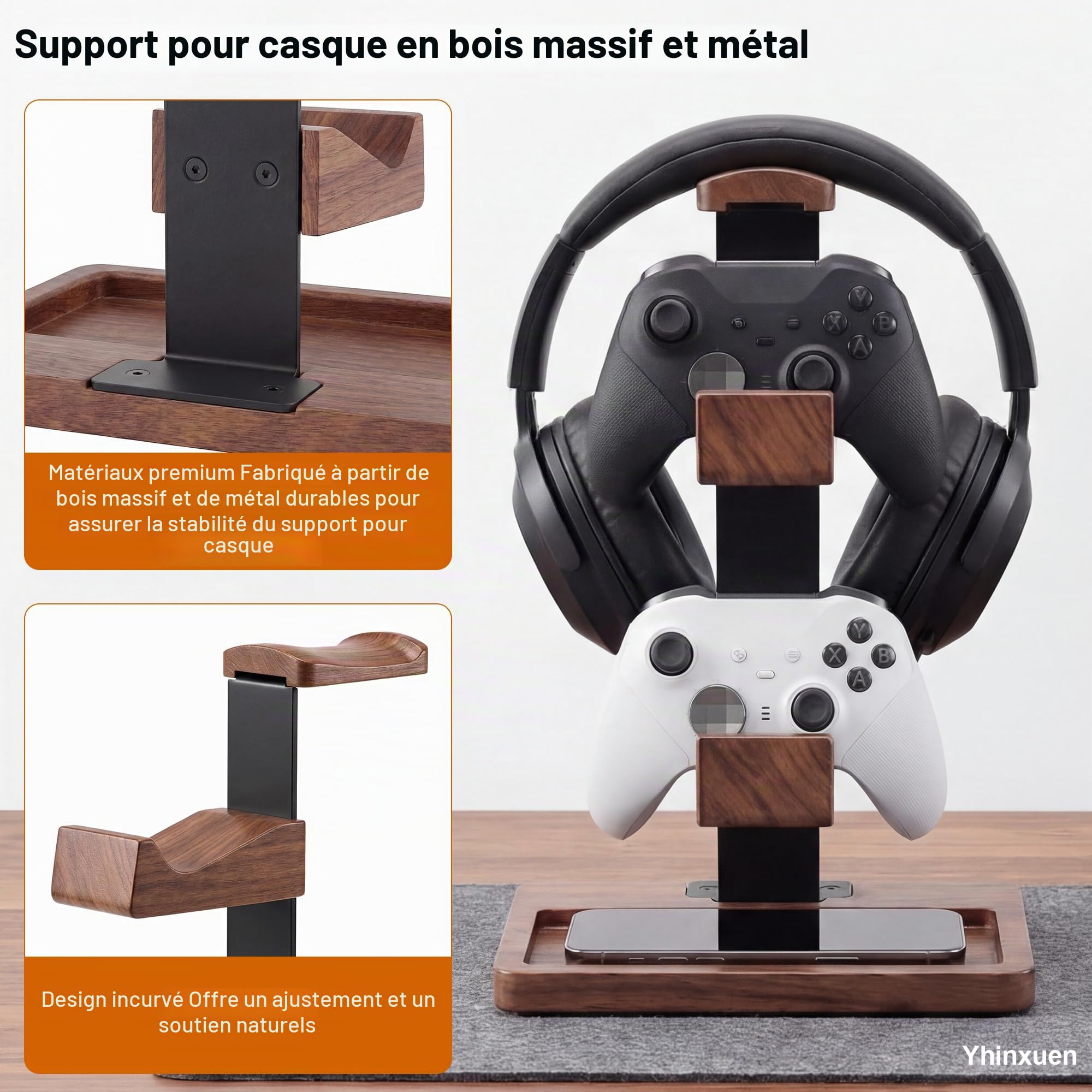 Support 2 en 1 pour manette et casque, Étagère de rangement à deux niveaux en bois massif pour accessoires de jeu. Support pour manette de jeu universelle/casque (Marron clair)