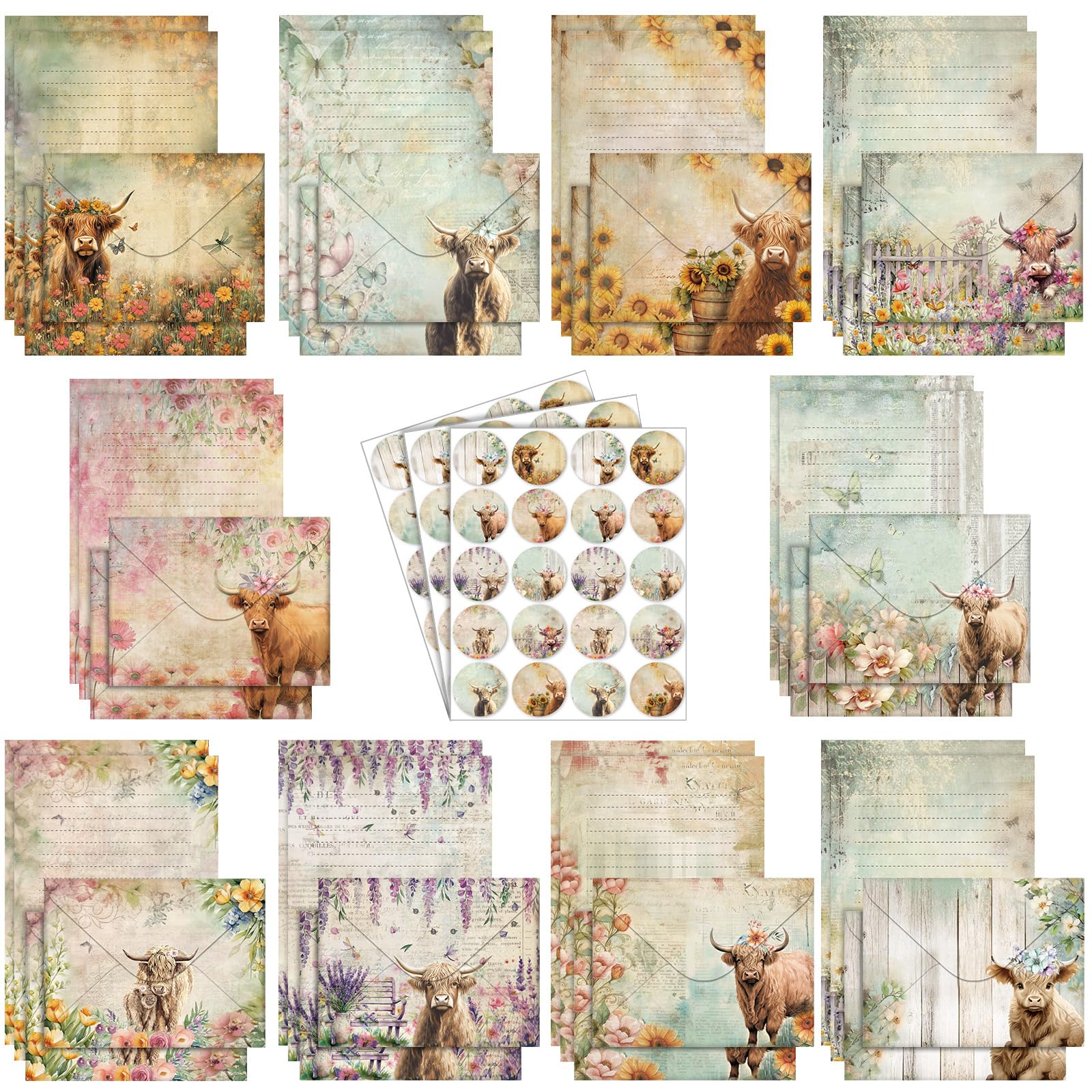TaoBary 160 Pcs Floral Highland Cow Stationery Paper and Envelopes Set