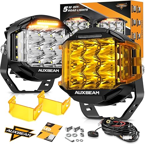 Auxbeam V-MAX Series - Cápsulas de luz LED de 5 pulgadas, 168 W Offroad Side Shooter Luces de conducción redondas con 3 modos ámbar DRL, luz