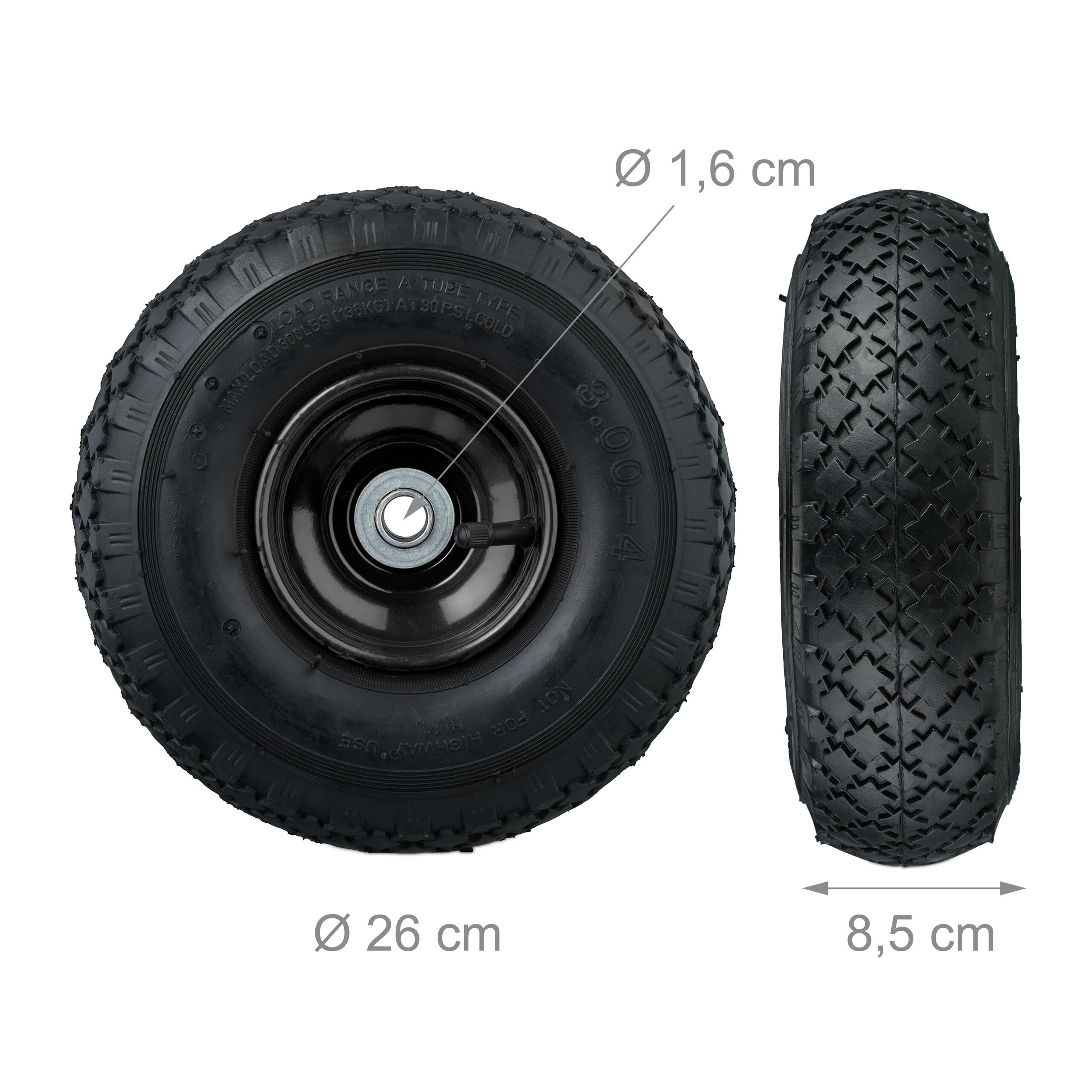 Relaxdays Rueda Carretilla 3.00-4, Set de 2, Neumáticos Repuesto, Llanta de Acero, Eje de 16 mm, 100 kg, Negro