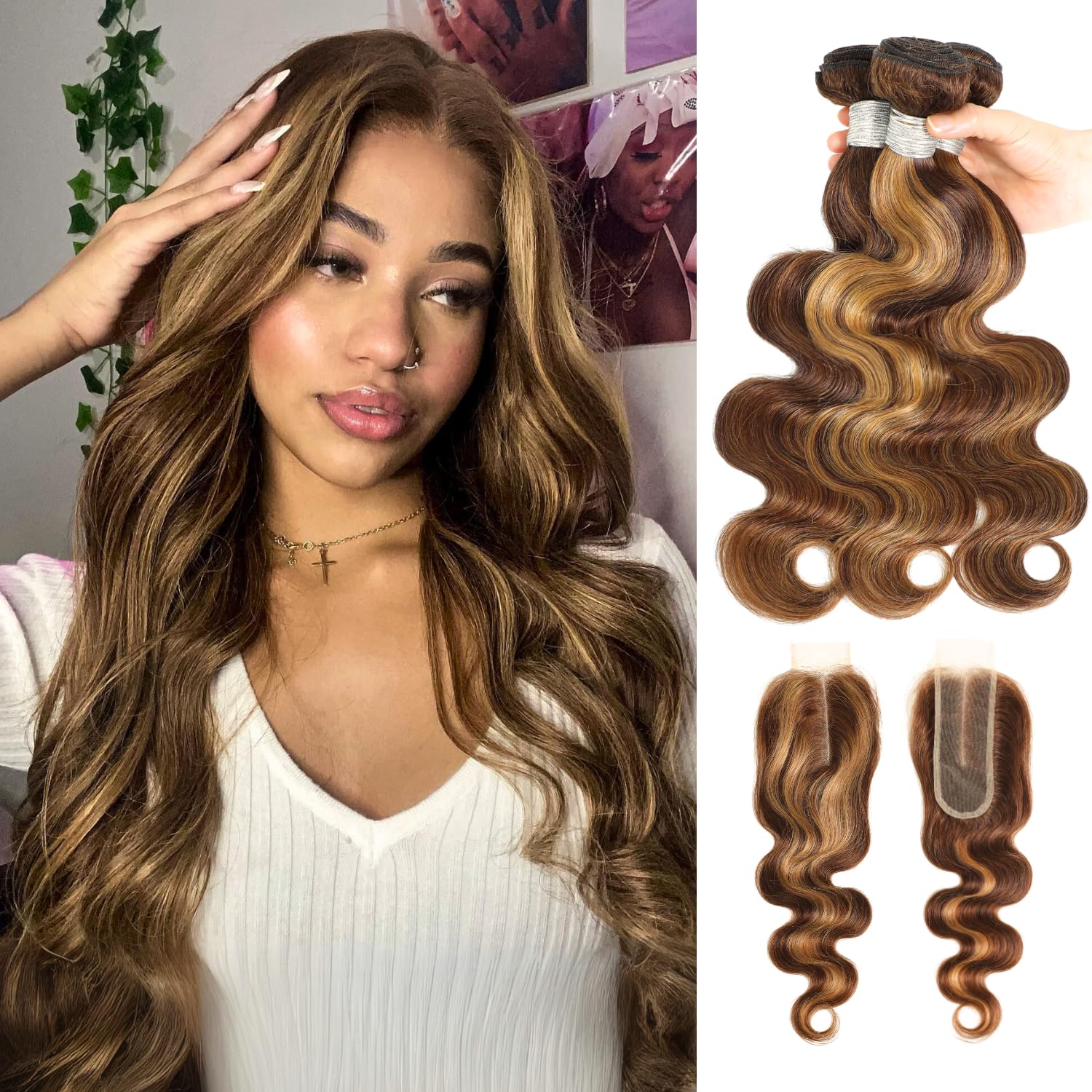 AUROO 12A Honey Blonde Highlight Human Hair Bundles With 2x6 HD Closure Body Wave,100% Virgin P4/27 Ombre Brown Weaves 3 Bundles with Kim K Long Deep