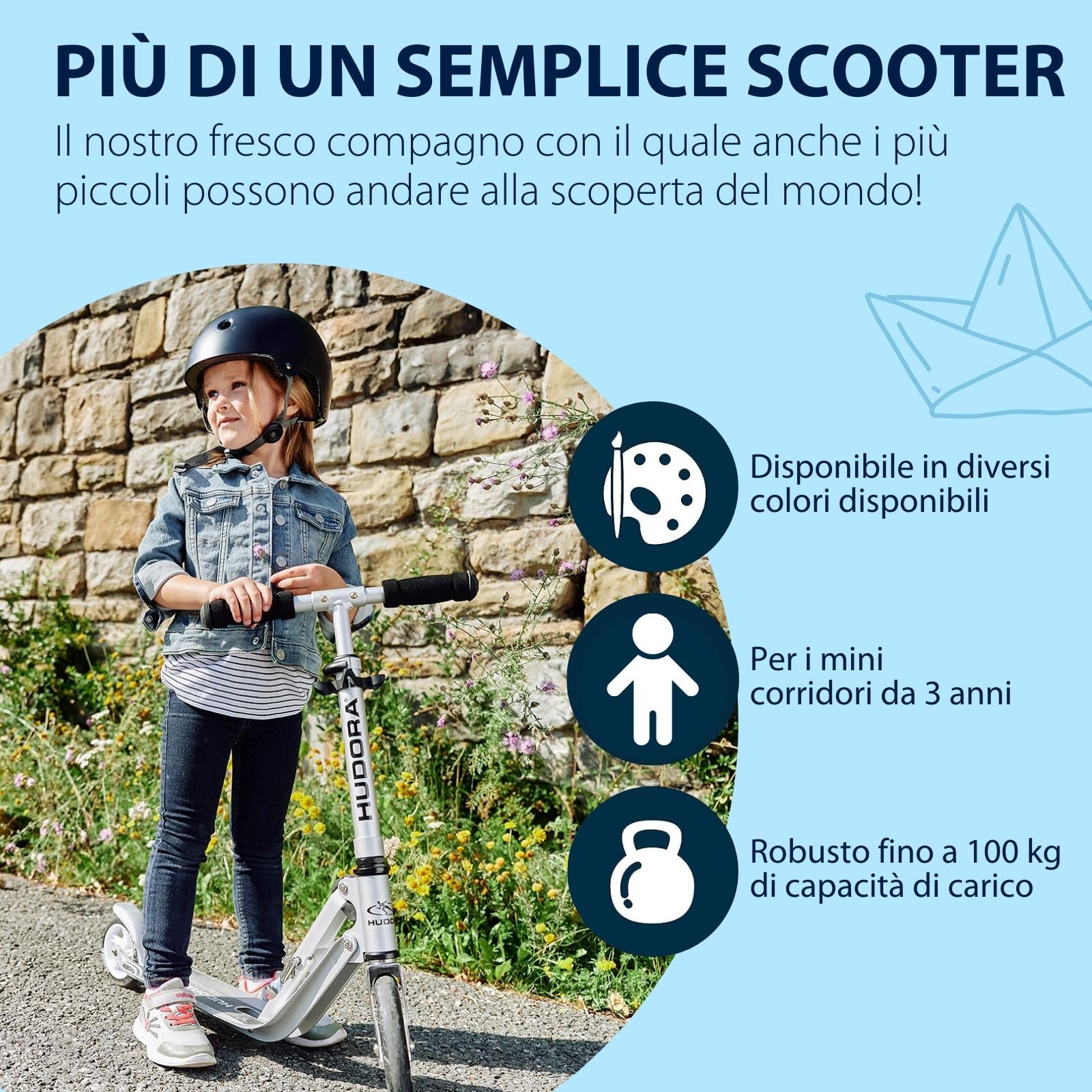 HUDORA Little BigWheel Scooter, monopattino sicuro in alluminio per bambini a partire da 3 anni, monopattino da città regolabile in altezza e pieghevole fino a 100 kg