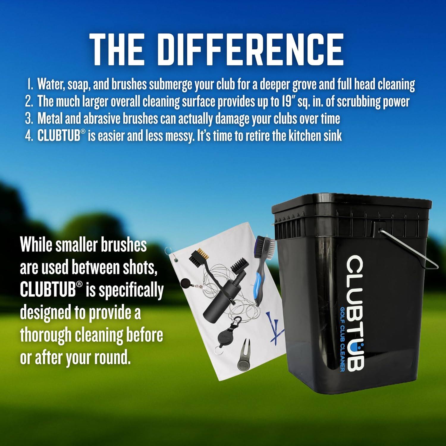 Golf Club Cleaner. 4-Gallon Tub with Dual 9.5" Stiff Polybutylene Scrubbing Brushes, 5-Inch Lid Hole, Hose Connector and Drain with Metal Handle