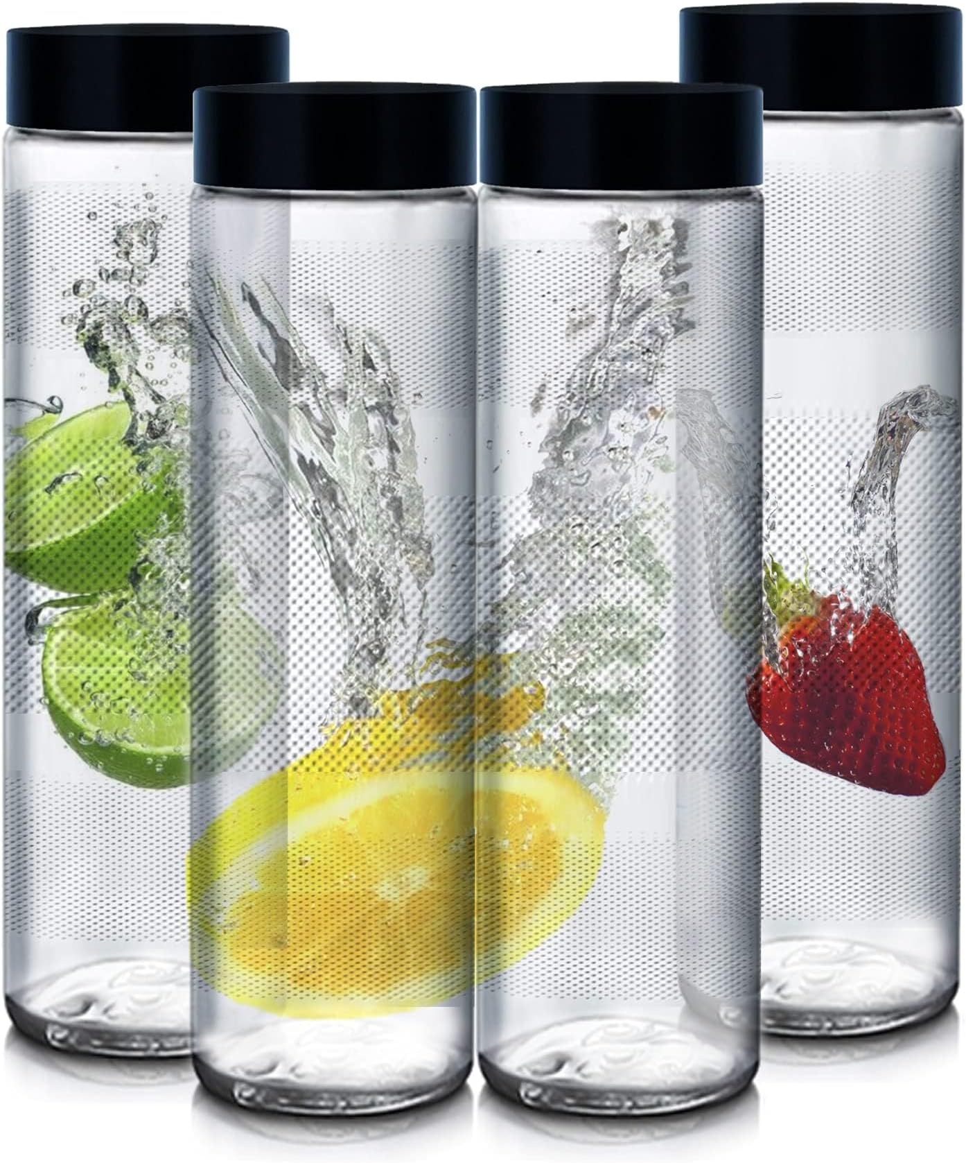 Set Of 4 Glass Water Bottles Set Wide Mouth Glass Bottles With Reusable Black Plastic Lids - For Juicing, Smoothies, Beverage Storage(750Ml Glass Water Bottle)