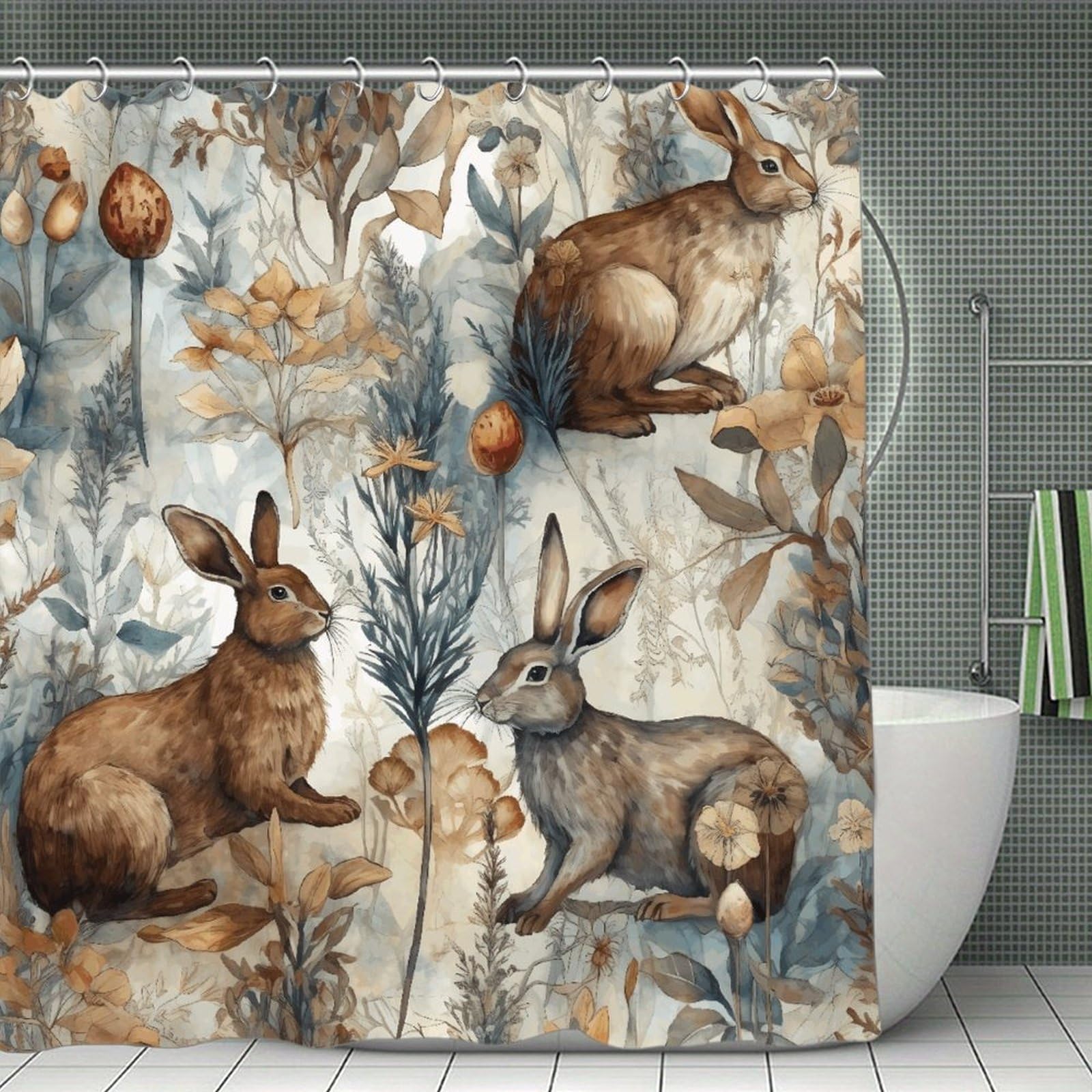 FekiLoot Plant and Bunny Pattern Shower Curtain Minimalist Aesthetic Bath Curtain with Hooks Simple Water Resistant Bathroom Shower Curtains Cute Blackout Privacy Curtains Cloth Curtain