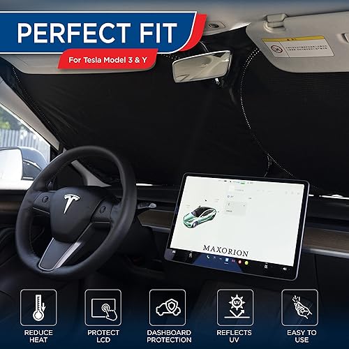 Miniatura 3 de MAXORION Parasol Tesla Model 3 y Y, hecho de material genuino de 2 capas. Además del parasol Tesla Model 3 y Y, también se incluye un paño de