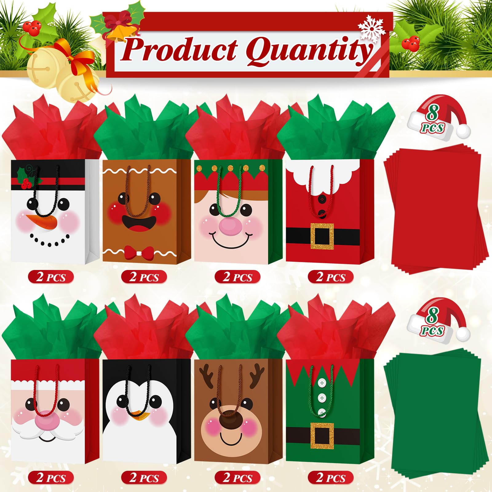Cholemy 16 Pcs Offer Thick Christmas Tissue Paper Goodie Bags with Handles - Kraft Paper Cute 10x8x4.4 xmas Gift Wrapping Holidays