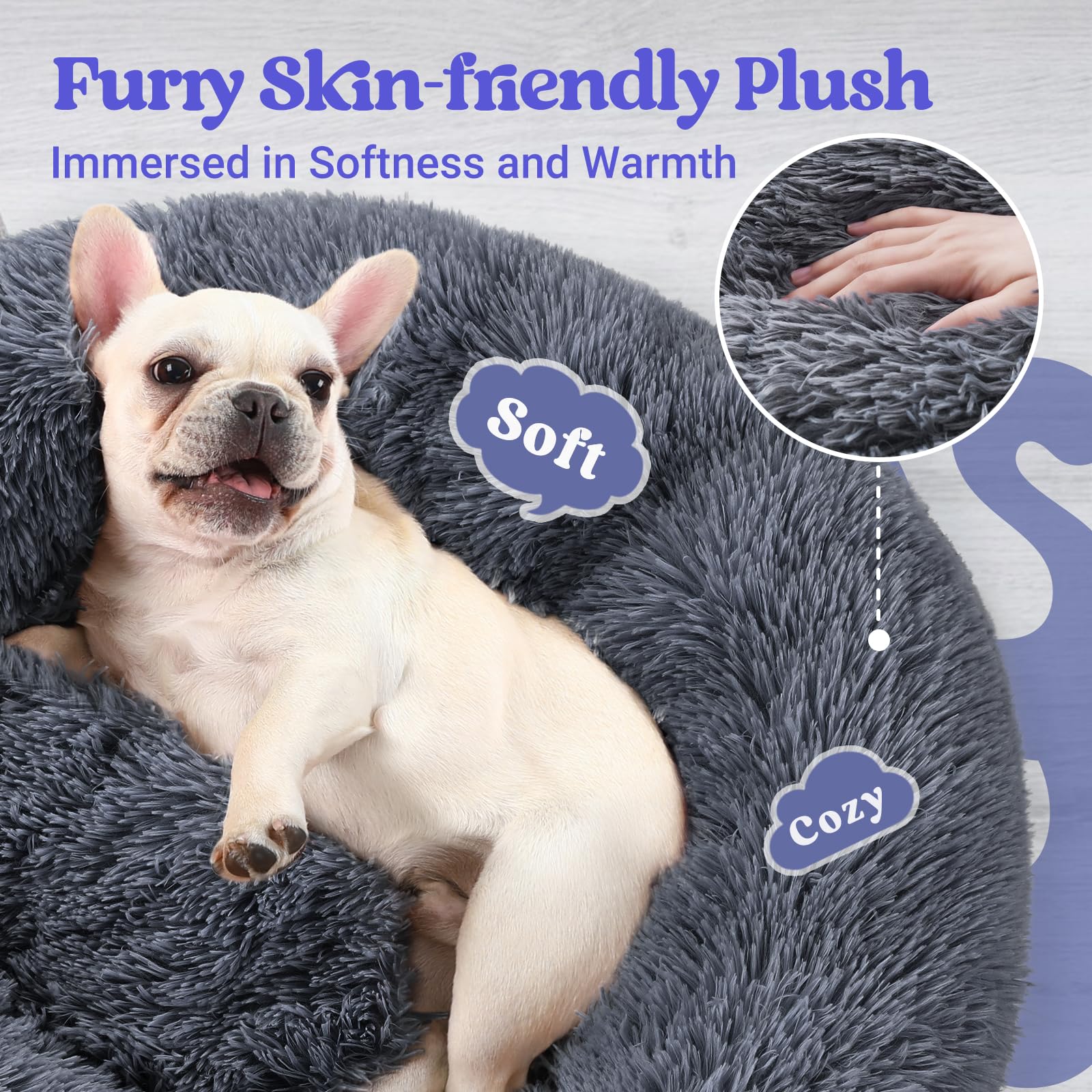 rabbitgoo Dog Bed for Small Dogs, 24 inches Washable Small Dog Bed, Fluffy Donut Dog Bed Anti-Slip, Calming Soft Plush Round Pet Bed for Dogs, Fits up to 18 lbs Pets, Dark Grey