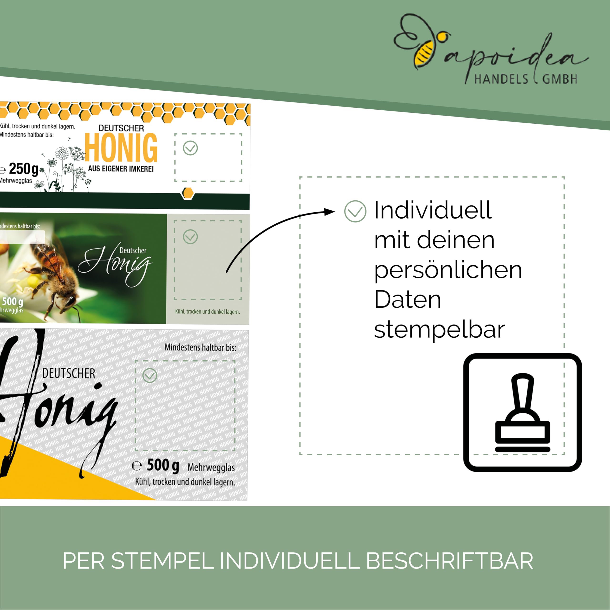 Apoidea – Honig Etiketten 500 g nassklebend – 100 Stück zum Stempeln/Etiketten Honiggläser/Honig Aufkleber für selbstgemachten Honig/Honigetiketten für Honiggläser