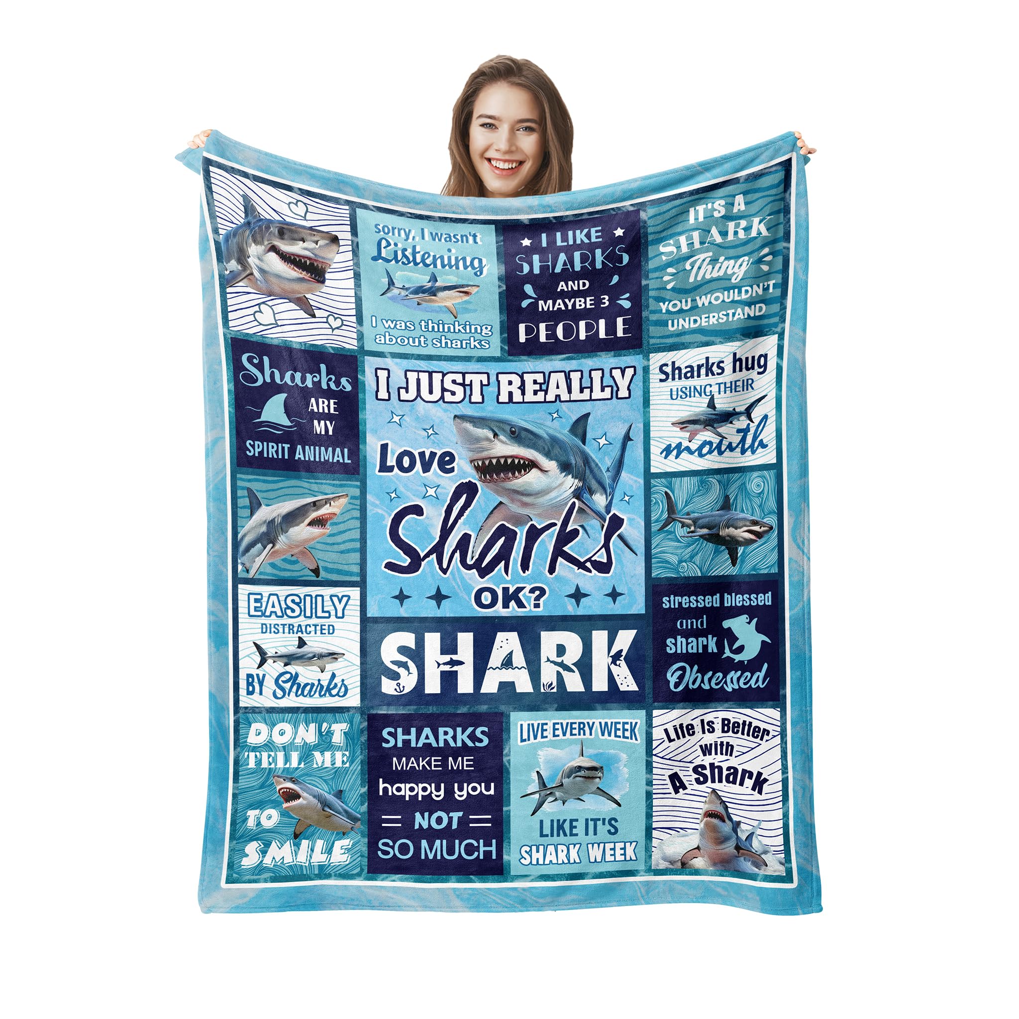 Pozevan Shark Blankets, Shark Gifts for Women/Men, Cute Birthday Gifts for Kids, Soft Animal Lovers Themed Blanket Blue 50" x 60"