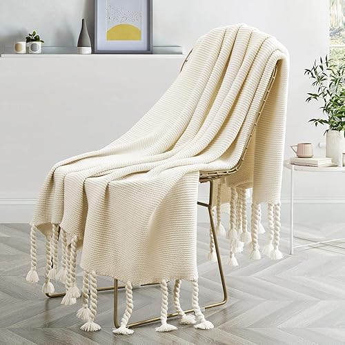 Miniatura 2 de Manta beige con borlas, manta tejida para sofá cama, 50 x 60 pulgadas