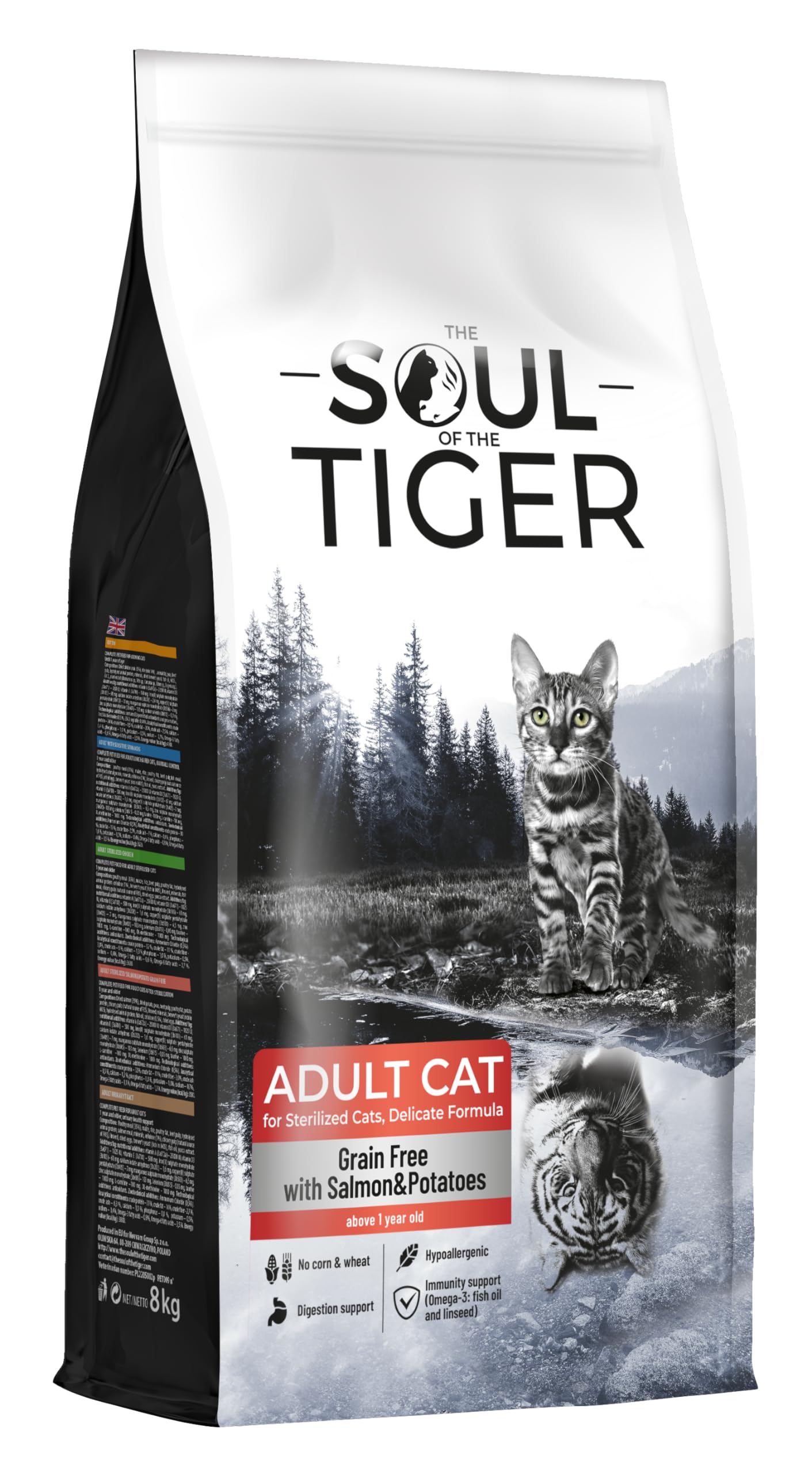 Pienso para gatos adultos, sin cereales con salmón y patatas, para gatos castrados, fórmula delicada, 8 kg