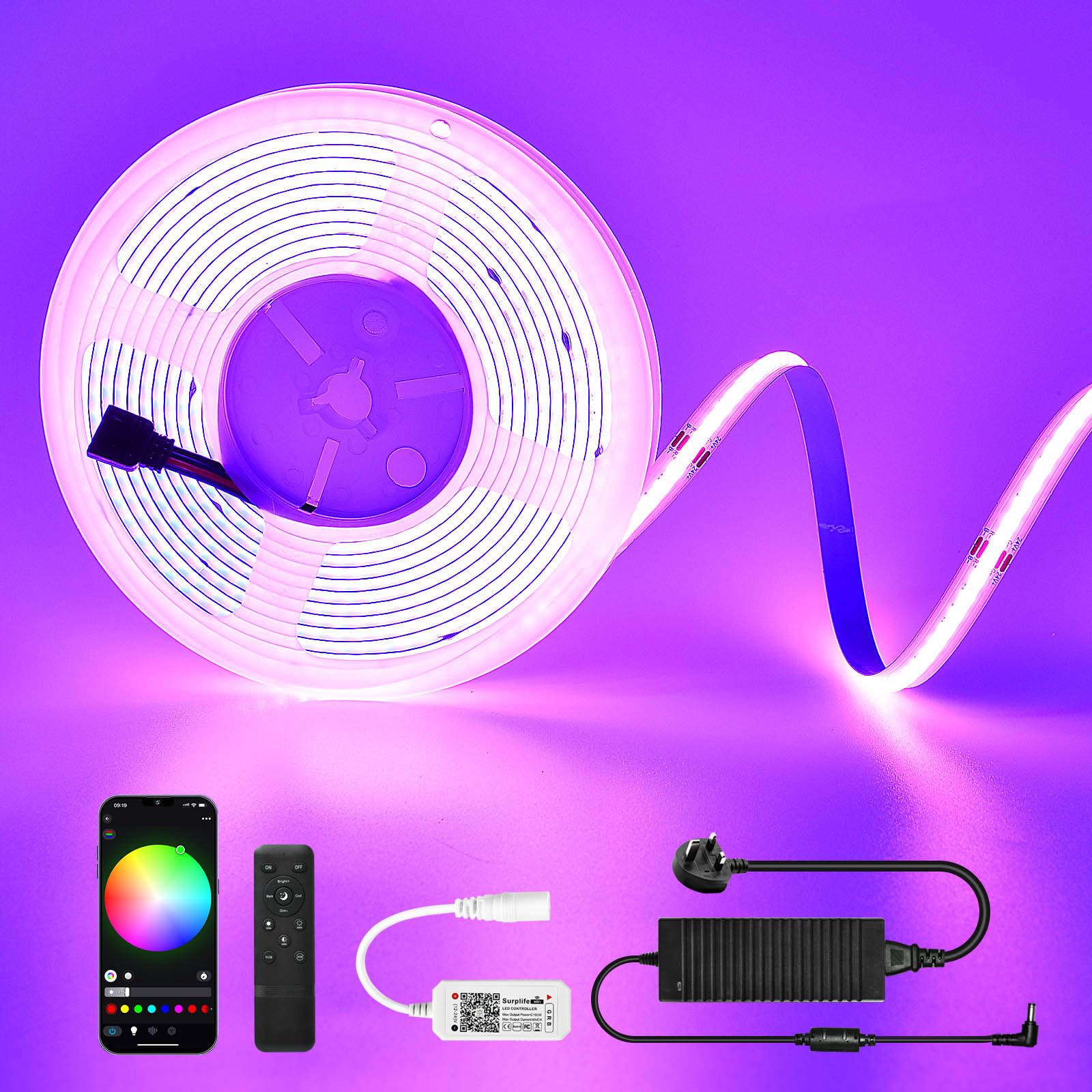 WiFi RGB COB LED Strip Light 10M,576LEDs/M Dimmable LED Strip Kit,Flexible Strip Lights 24V LED Tape Lights for Bedroom,Kitchen,Home DIY Lighting,Work with Alexa/Google Home [Energy Class F]