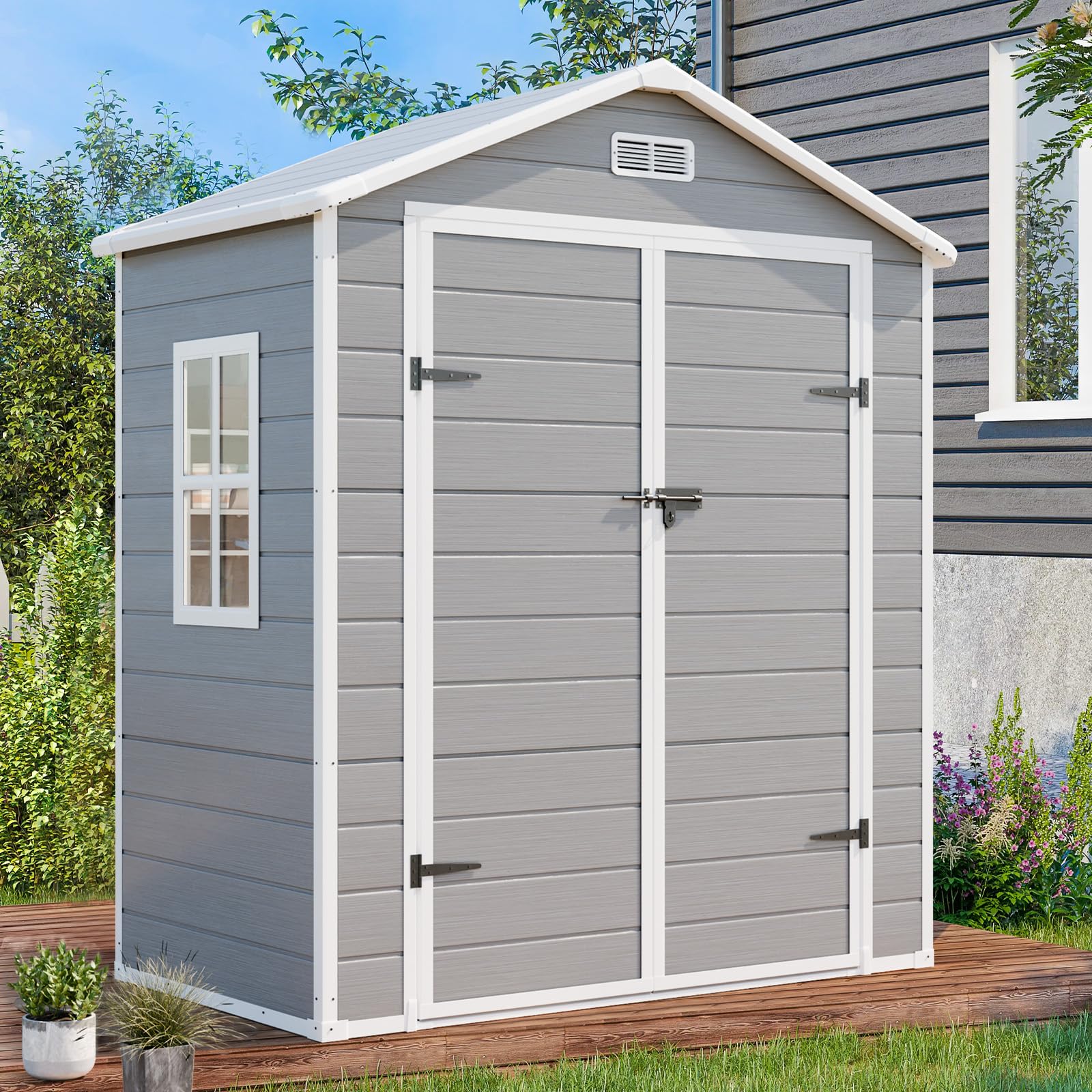 SELLERWE 6x3 FT Resin Storage Shed, Waterproof Outdoor Storage Shed with Floor, Window, Double Lockable Doors & 2 Vents, Tool Shed for Garden Patio, Backyard, Grey