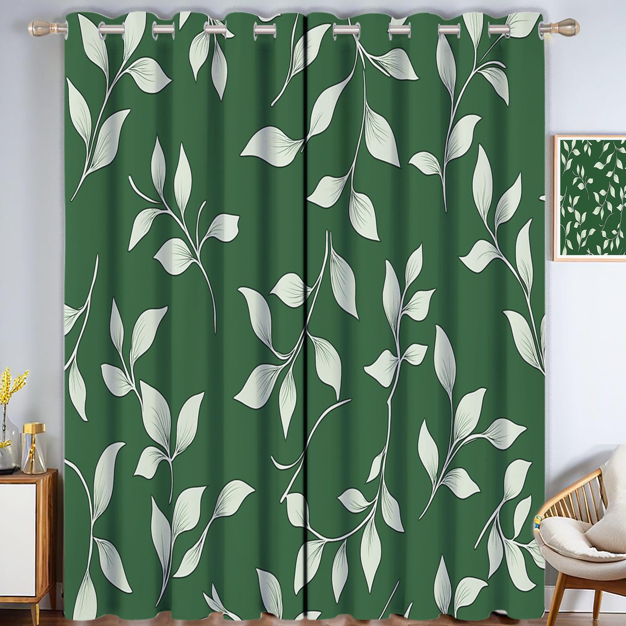 Cortinas Opacas con Estampado Plantas De Línea Dormitorio, 140×160 CM, con Estampado de Hojas Simples CaíDas con Ojales, Aislamiento TéRmico Verde, ReduccióN De Ruido, Juego De 2
