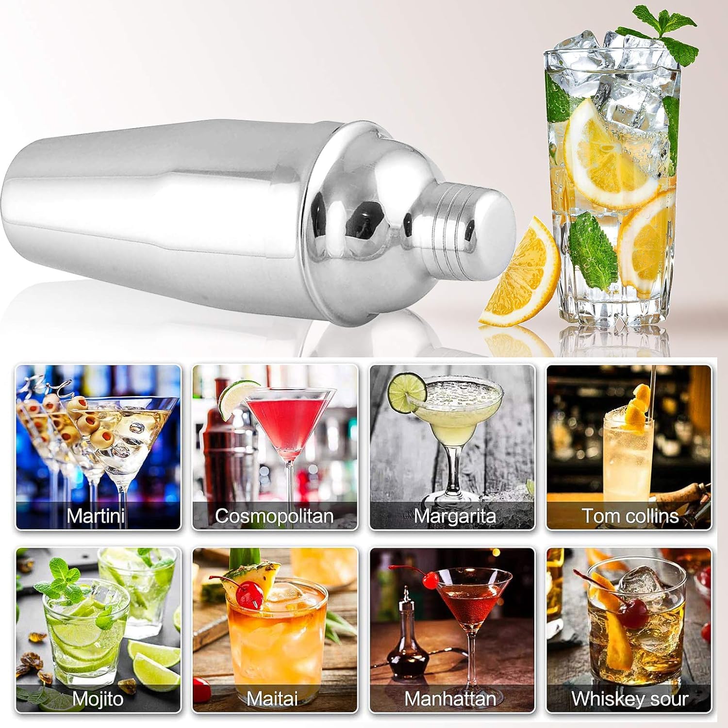 Juego de coctelera, coctelera de martini, 750 ml, colador de coctelería, herramienta de batidora de barman, batidora de licor, coctelera de acero inoxidable para hacer cócteles, 4