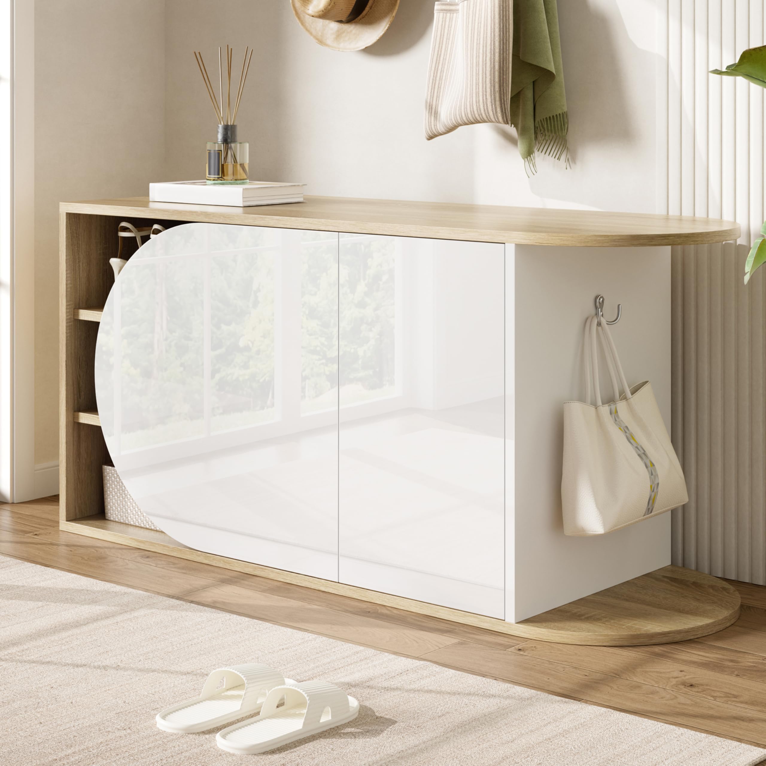 ModernLuxe Meuble à Chaussures avec Banc 2 Portes, Rangement, Blanc et Bois