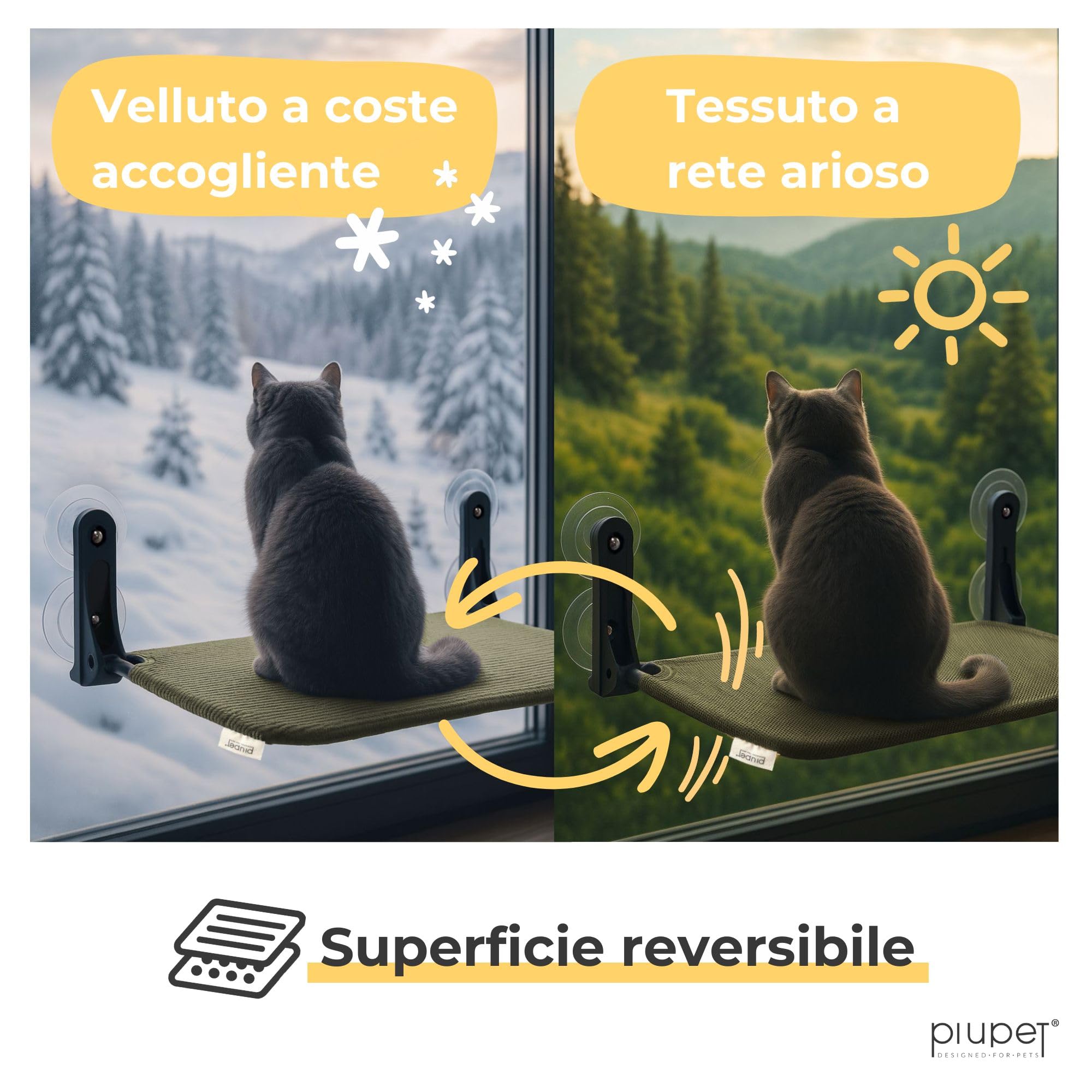 PiuPet® Lettino galleggiante per gatti da finestra - Lettino pieghevole e salvaspazio per gatti con ventose I Amaca reversibile per finestre | gatto accessori (Verde)